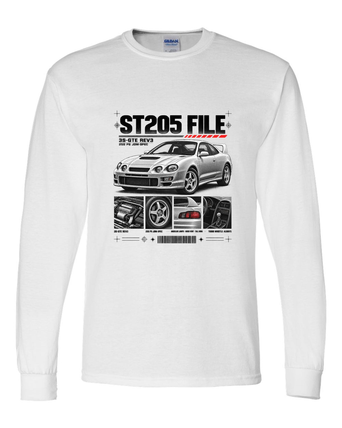 Dossier panel print of a Toyota Celica GT-Four ST205 with 3S-GTE Rev3 and 255 PS text white long sleeve front view with the design