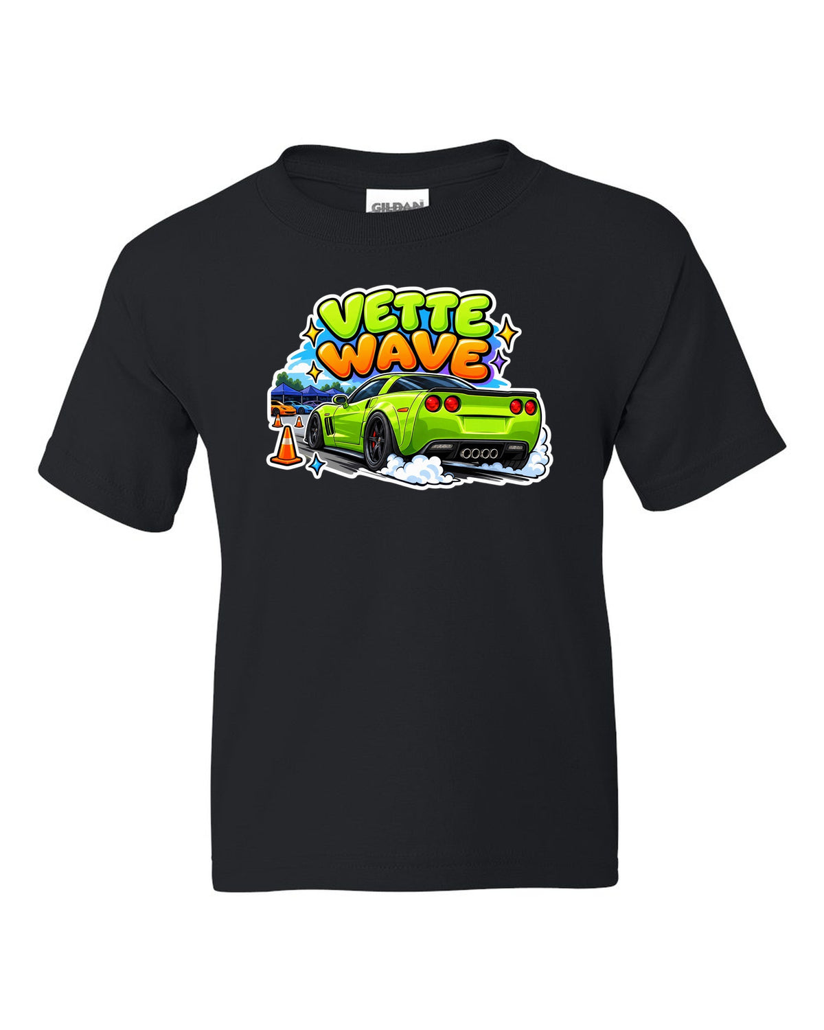 Cartoon sticker sheet print of a 2008 Chevrolet Corvette C6 Z06 with Vette Wave lettering black kids tee front view with the design