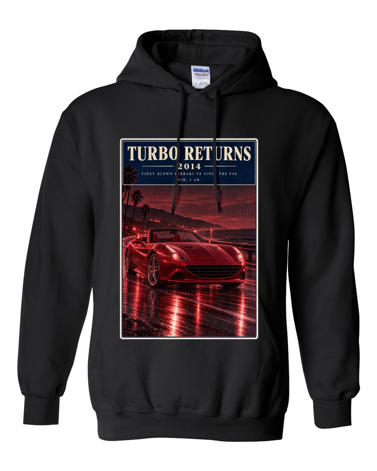 Red monochrome night street print of the Ferrari California T black pull over hoodie front view with the design