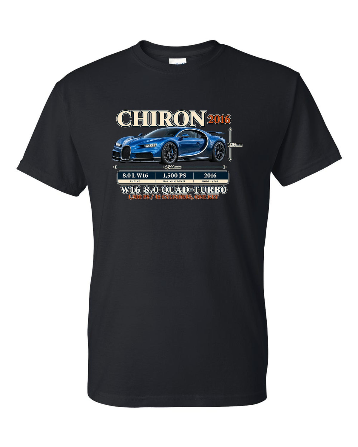 Archive panel print of a steel blue Bugatti Chiron with W16 spec text black t-shirt front view with the design