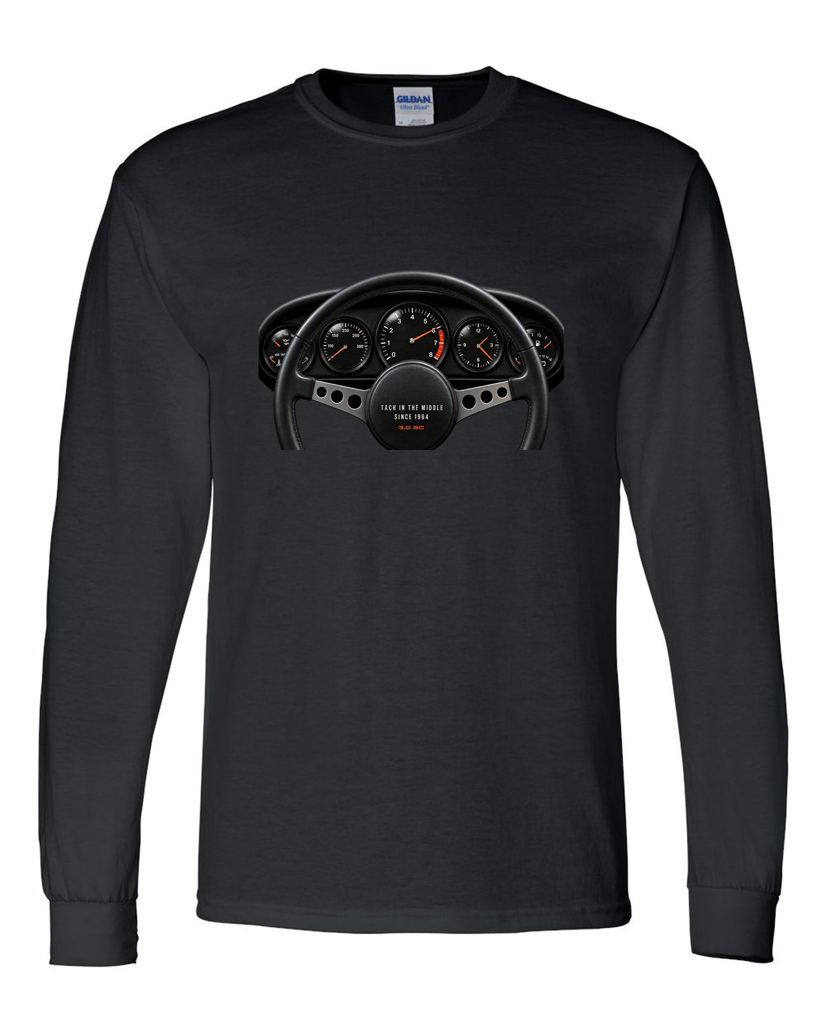 Cockpit gauge print of a Porsche 911 SC Targa with centre tachometer and the line Tach In The Middle Since 1964 black long sleeve front view with the design