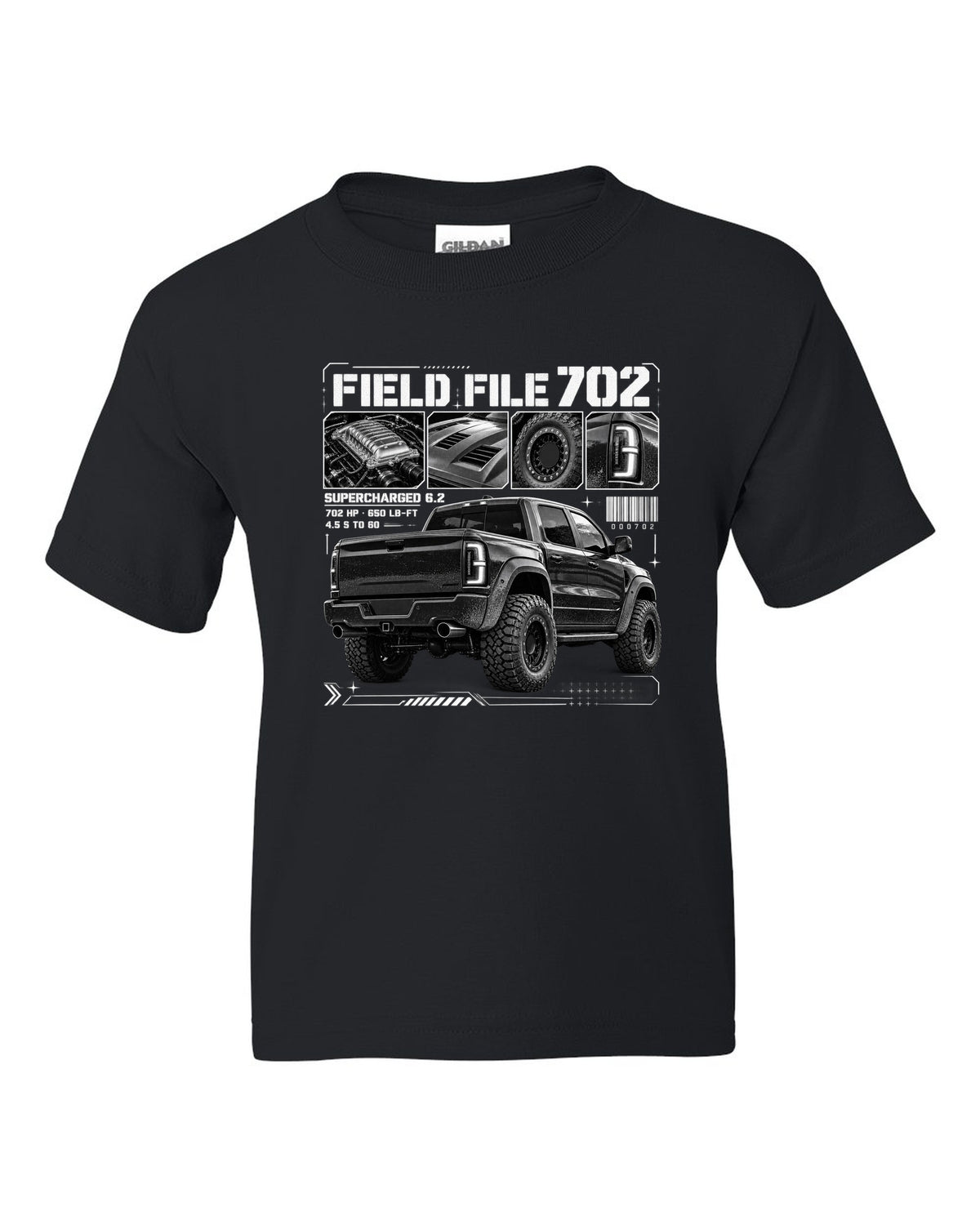 Dossier panels of a 2021-2024 Ram 1500 TRX with Field File 702, supercharged 6.2, 4.5 s to 60 black kids tee front view with the design