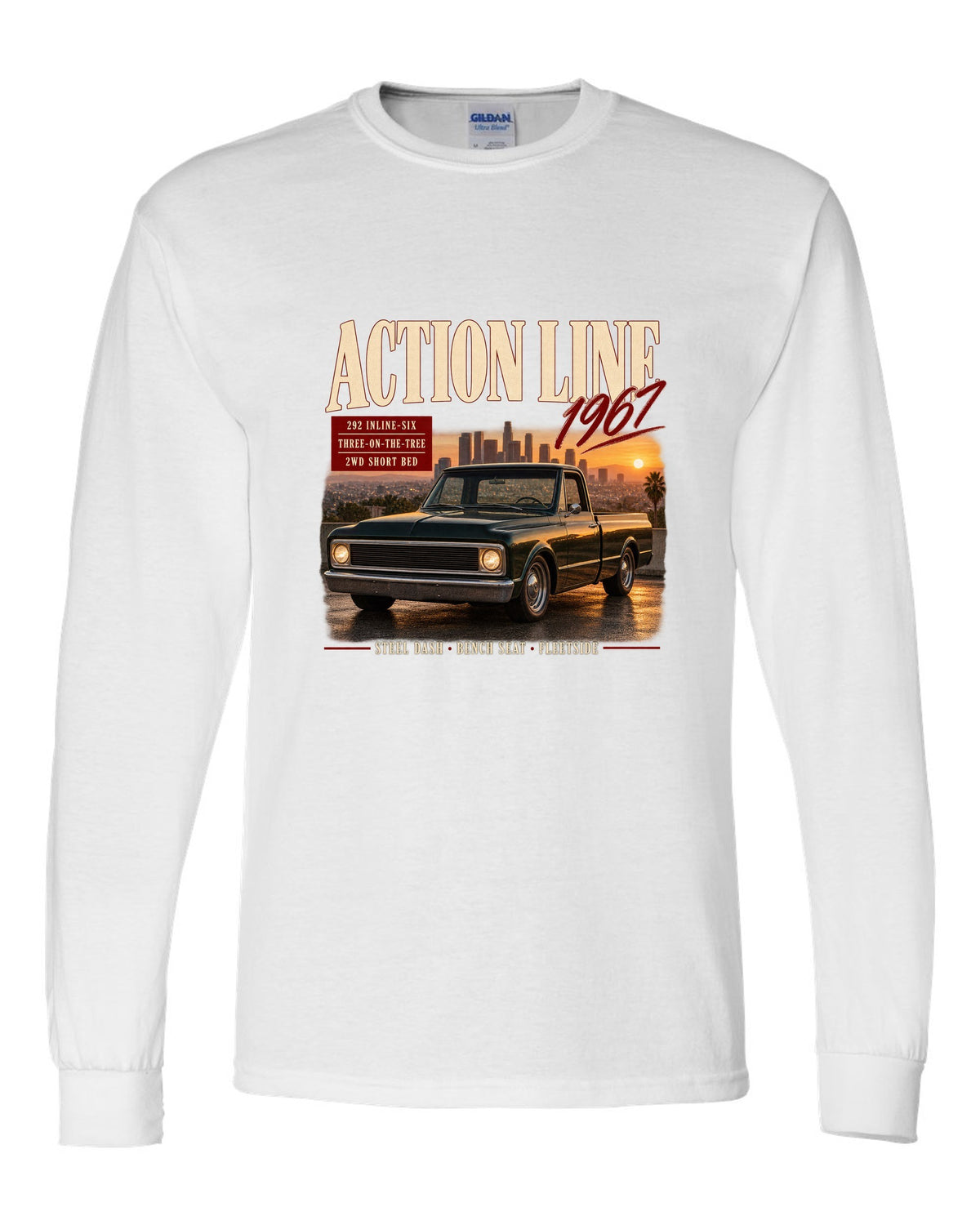 Archive panel print of a 1967 Chevrolet C10 Action Line Fleetside with 292 inline-six text white long sleeve front view with the design