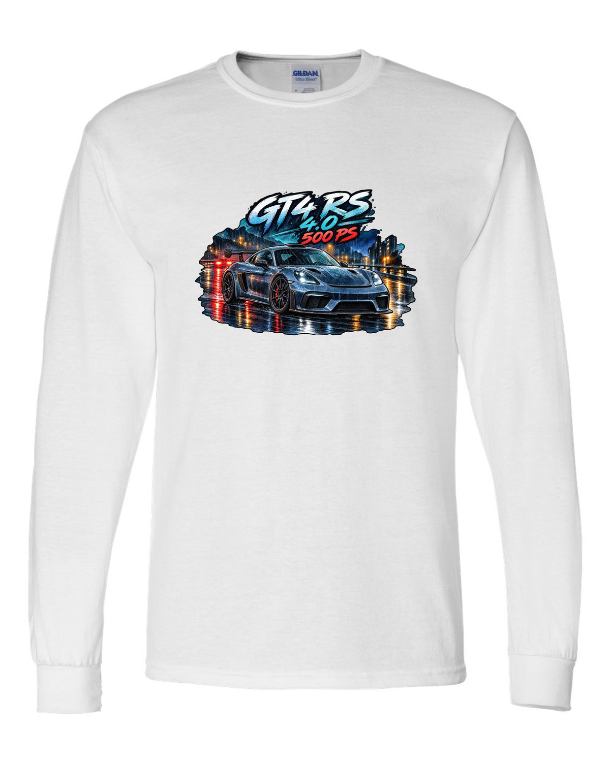 Porsche 982 Cayman GT4 RS wet road night watercolour design with 4.0 500 PS text white long sleeve front view with the design