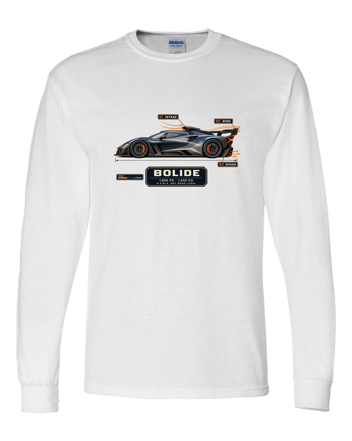 Aero callout cutaway of the Bugatti Bolide track concept, print white long sleeve front view with the design