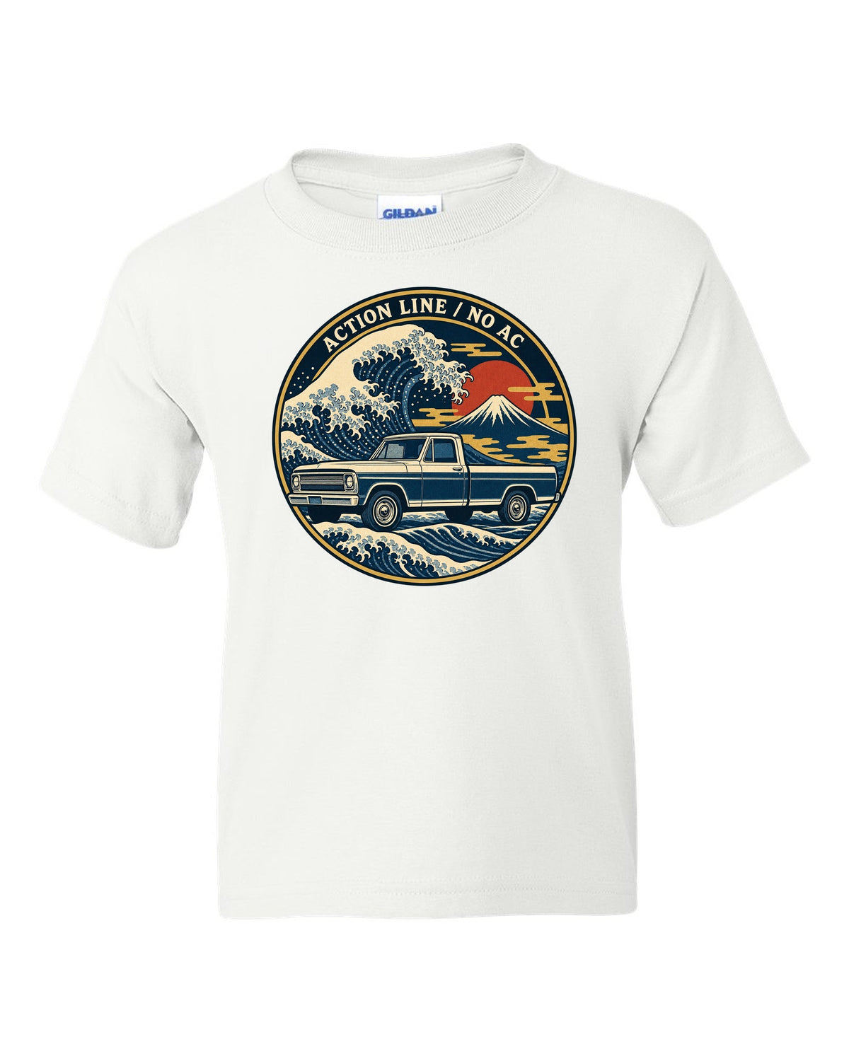 Ukiyo-e woodblock wave print of a 1967-72 Chevrolet C10 Action Line Fleetside with Action Line no AC lettering white kids tee front view with the design