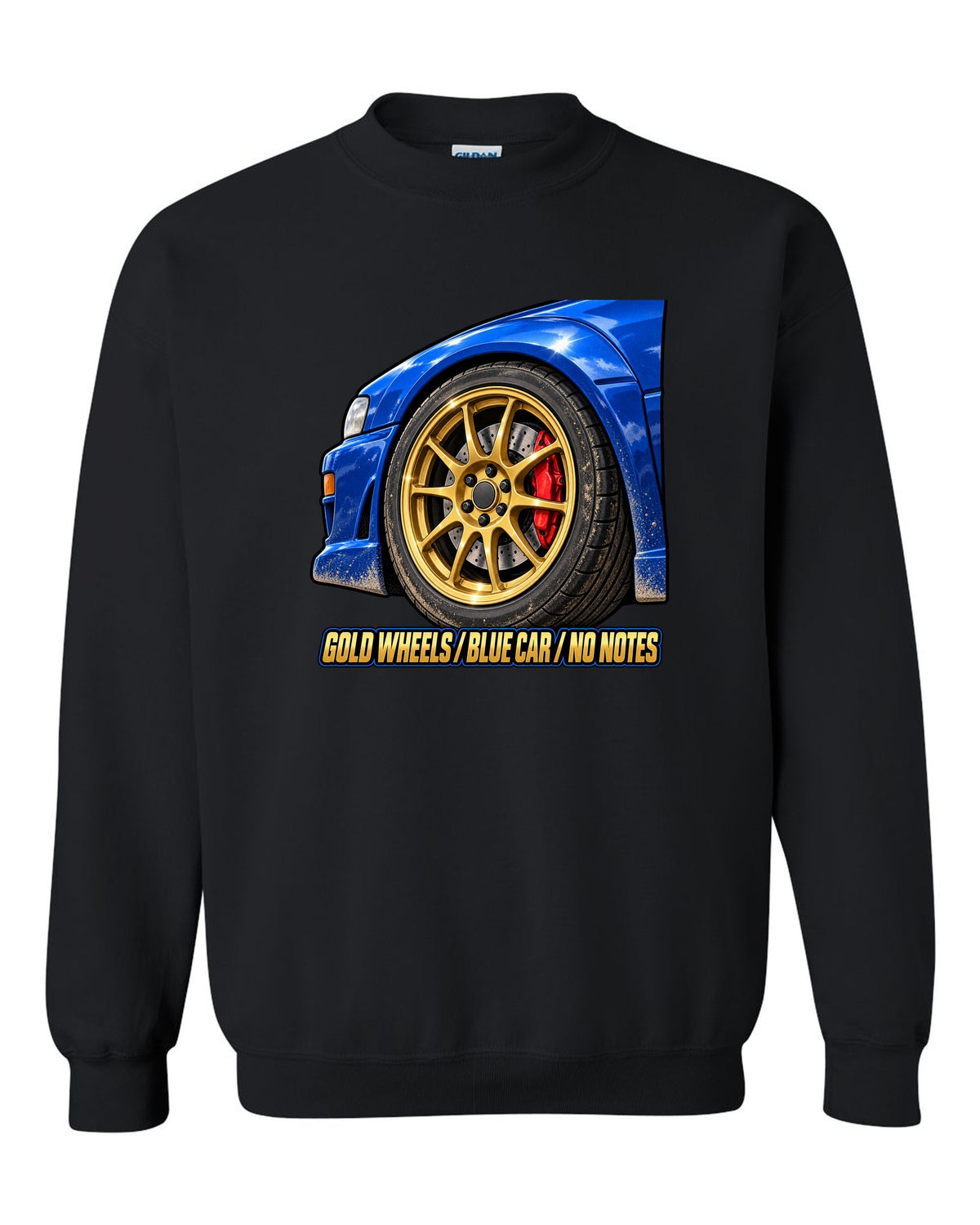 Subaru Impreza WRX GC8 painterly gold wheel close-up on a blue car, GOLD WHEELS / BLUE CAR / NO NOTES black crewneck front view with the design