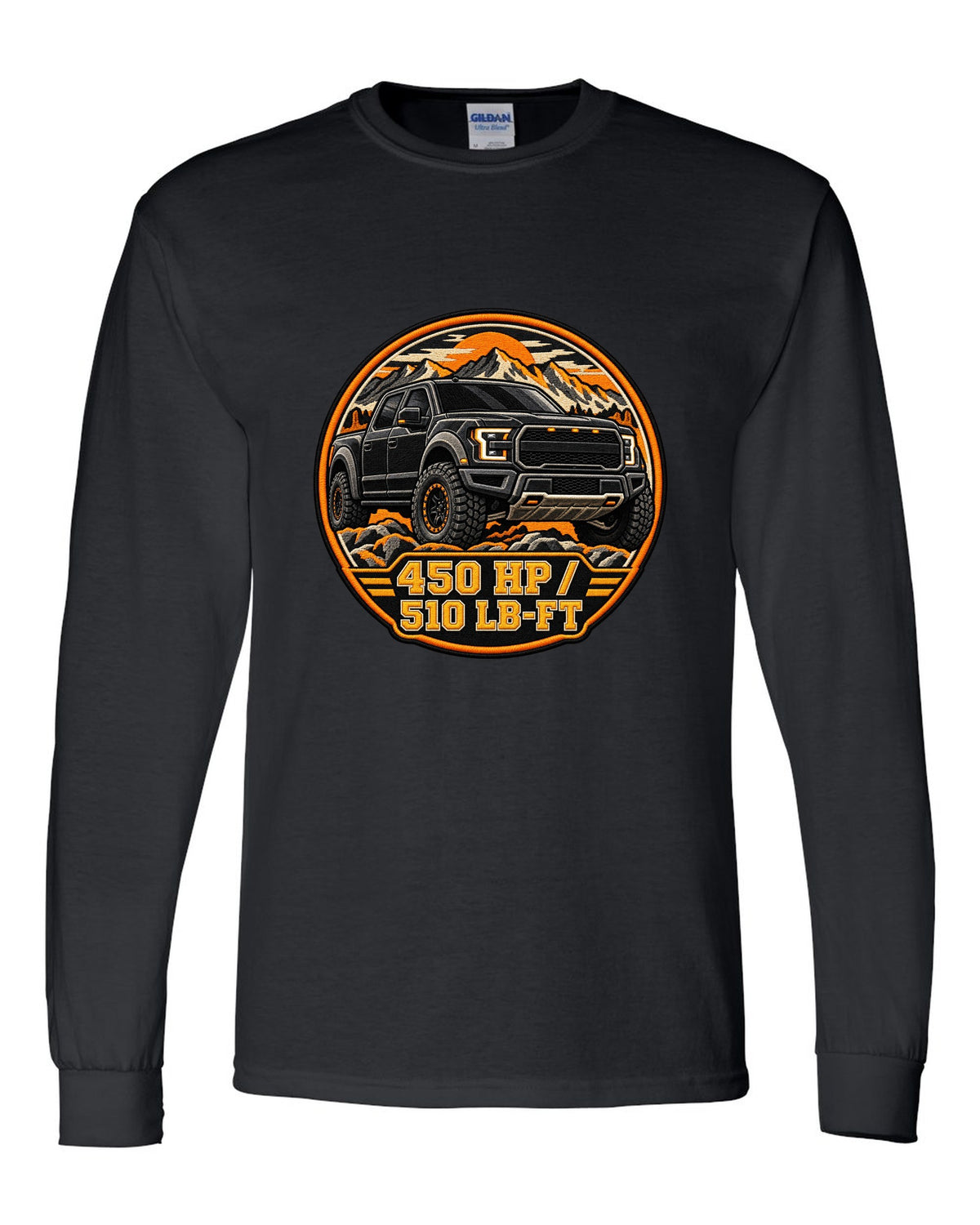 Varsity crest print for a 2017-20 Gen 2 Ford F-150 Raptor P552 with 450 hp text black long sleeve front view with the design