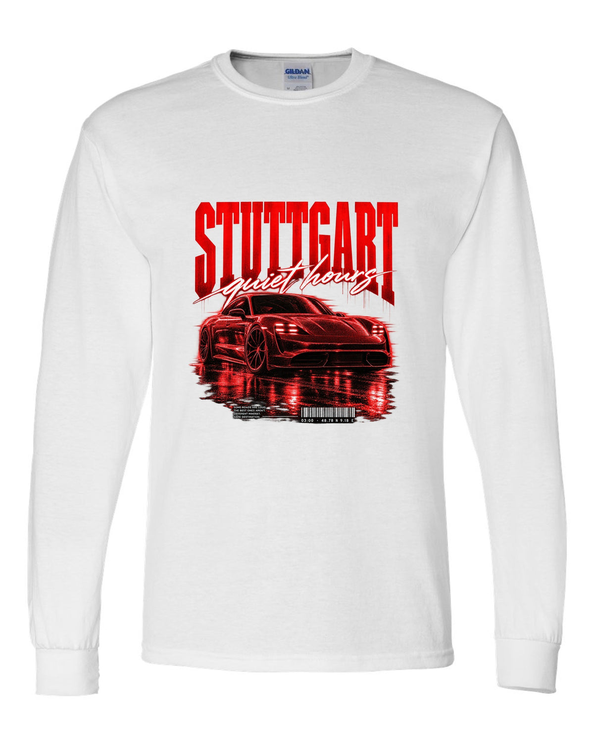 Low widebody Porsche Taycan Turbo S 9J1 street poster with Stuttgart coordinates white long sleeve front view with the design