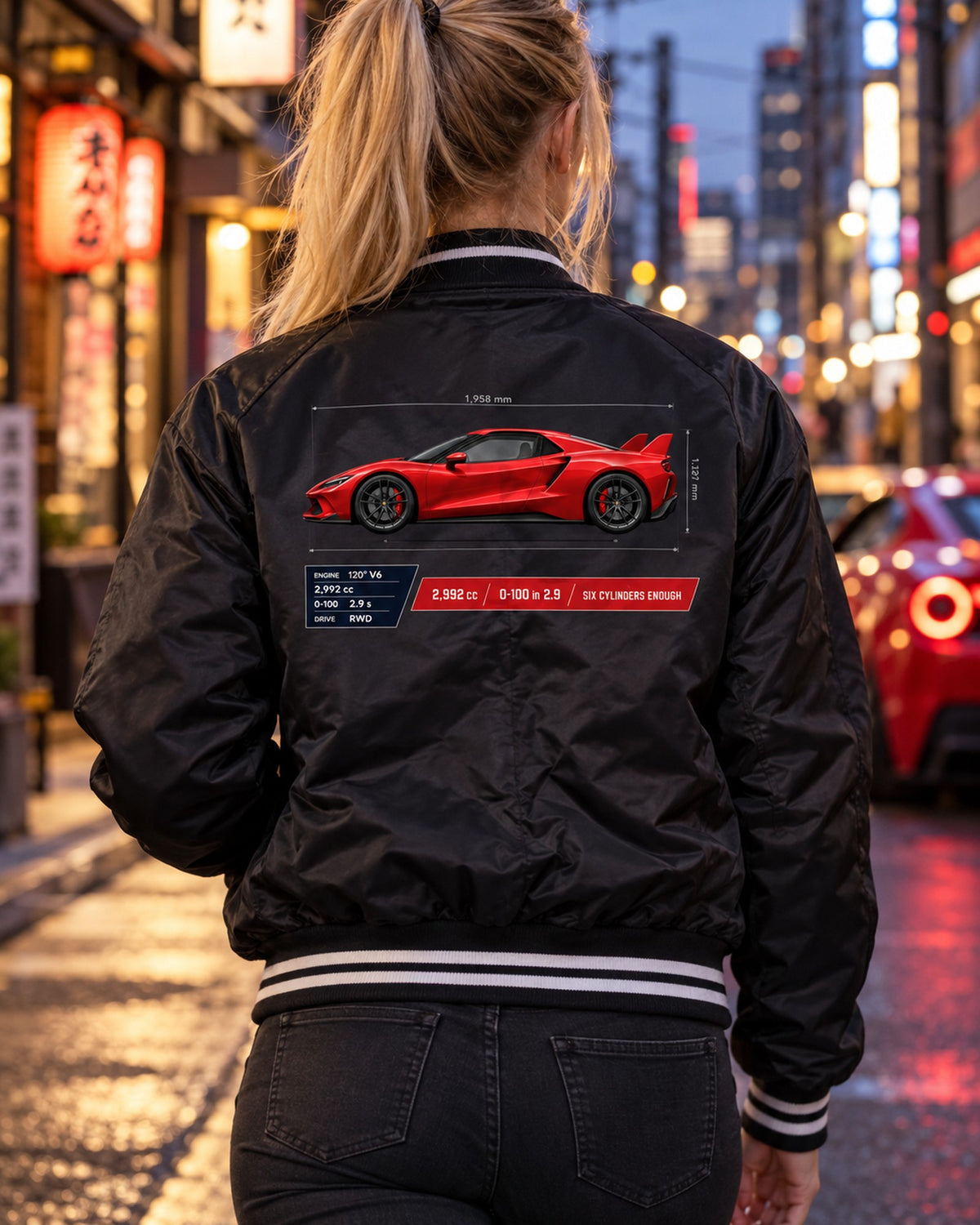 Ferrari 296 GTB Spec Poster Shirt, 2,992 cc Six Cylinders Bomber Jacket Black worn hero