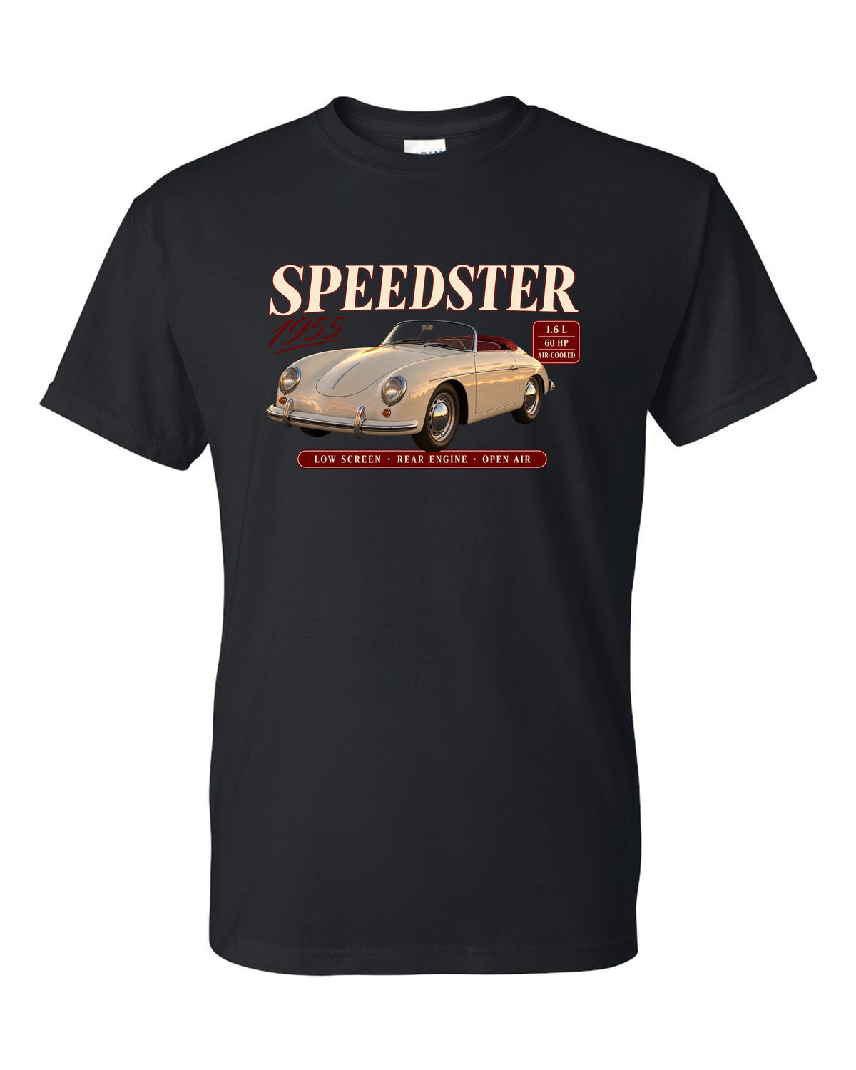 Archive spec panel print for the 1955 Porsche 356 Speedster with low screen and air-cooled specs black t-shirt front view with the design