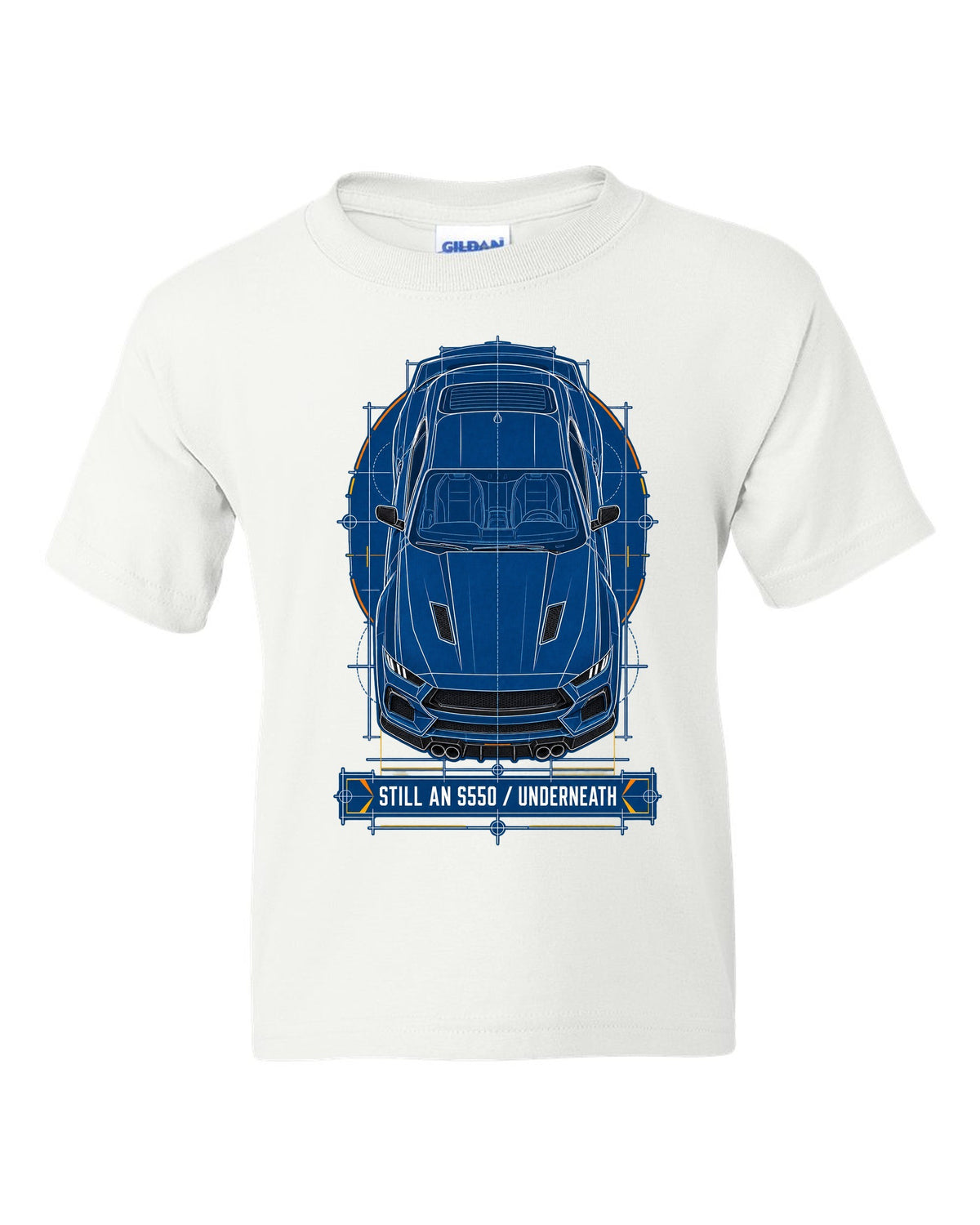 Cyanotype negative blueprint top view print of a 2024 S650 Mustang with Still An S550 Underneath white kids tee front view with the design