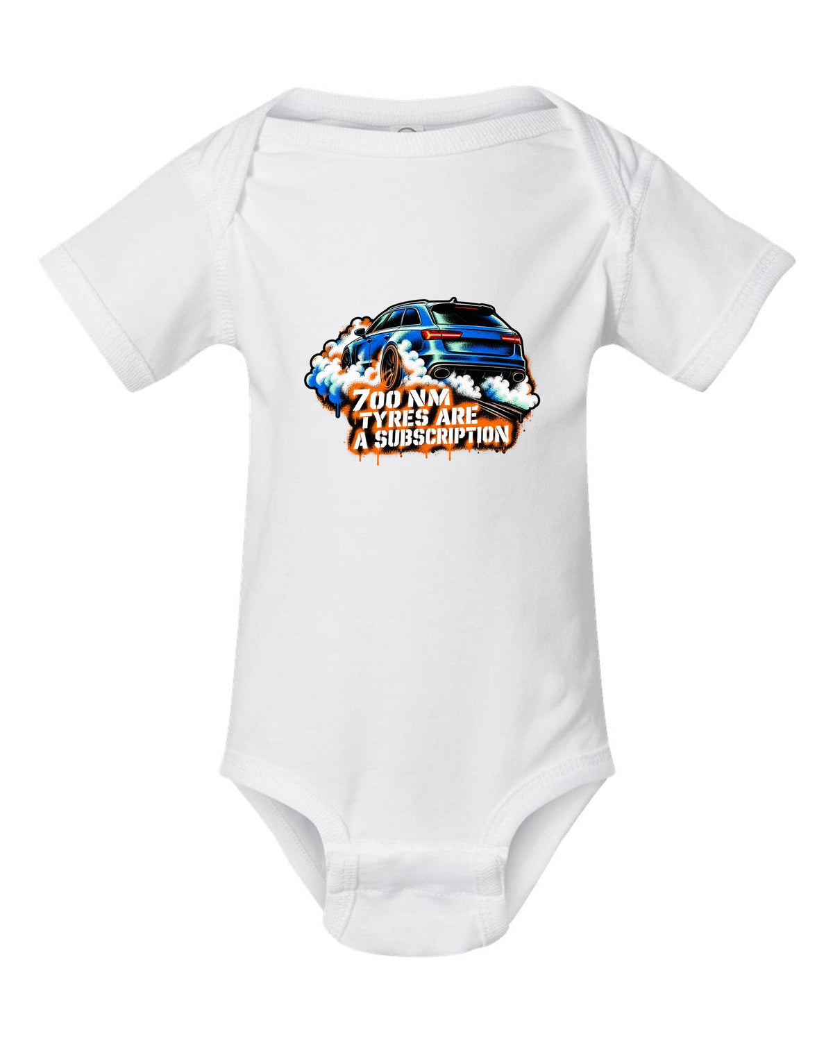 Stencil spray street art design of the Audi RS6 Avant C7 4G with 700 Nm and tyres are a subscription lettering white baby onesie front view with the design