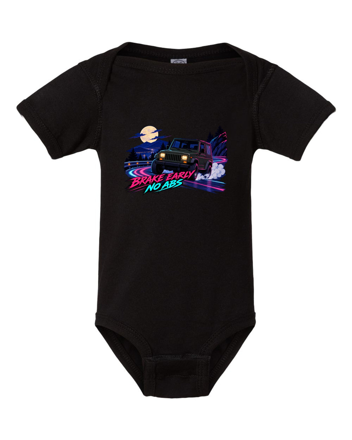 Cel-shaded anime night touge print of a Jeep Wrangler YJ with no ABS text black baby onesie front view with the design