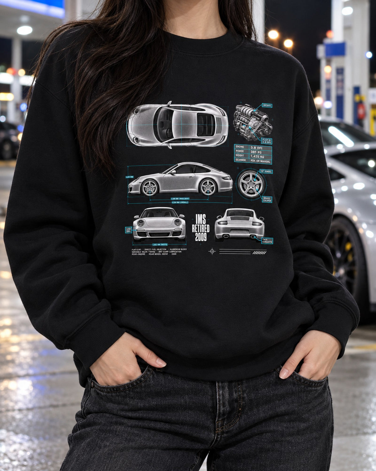 Porsche 911 Carrera S 997.2 IMS Retired 2009 Spec Poster Shirt Crewneck Black worn hero
