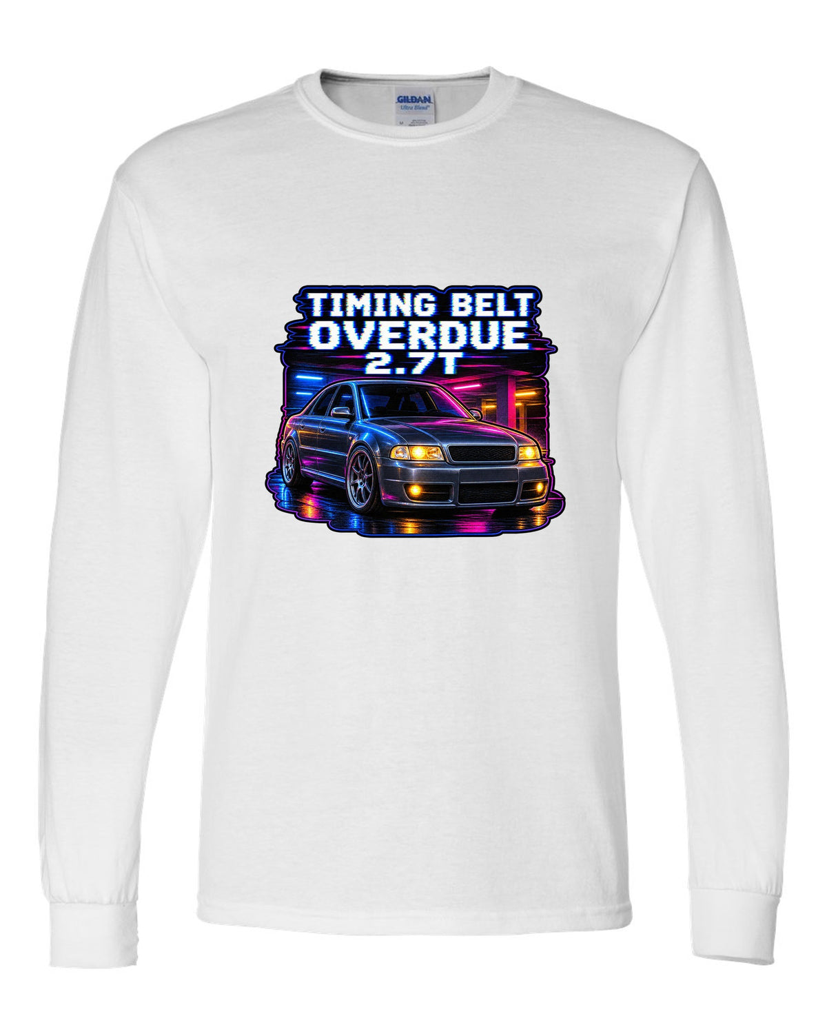 VHS lo-fi print of an Audi S4 B5 with Timing Belt Overdue and 2.7T text white long sleeve front view with the design