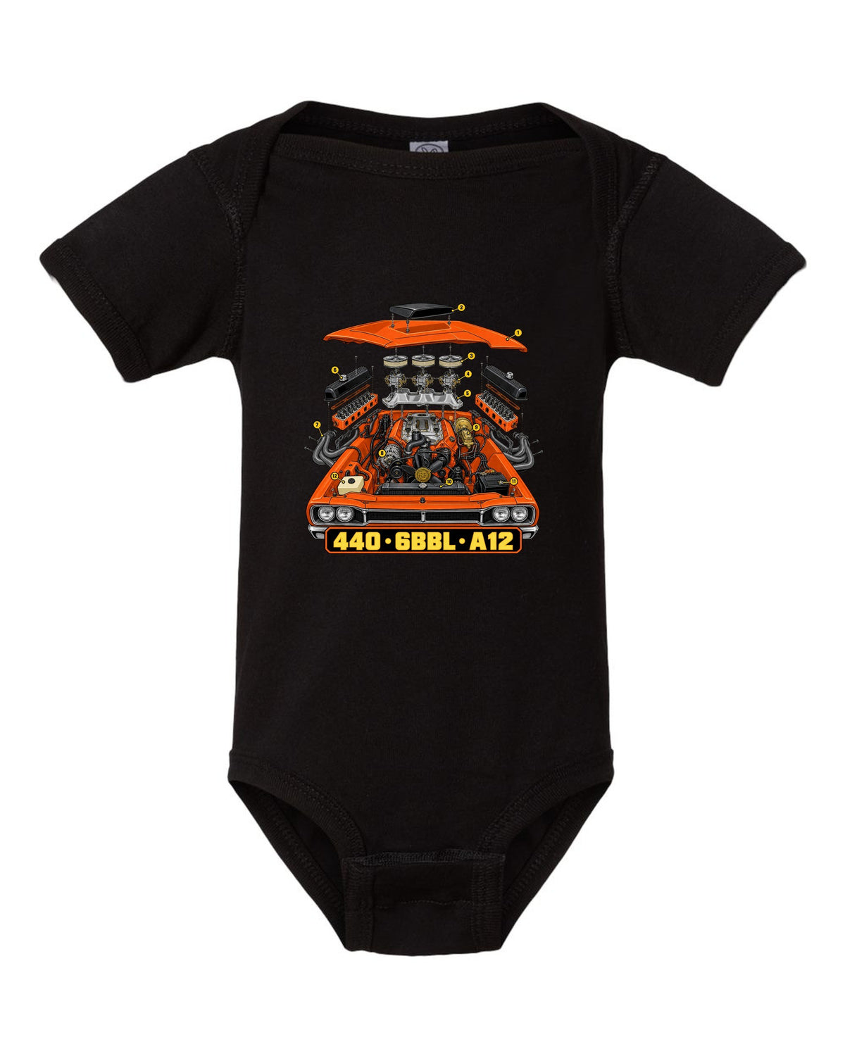 Isometric exploded technical drawing of the 440 six-barrel engine in a 1969 Dodge Coronet Super Bee A12 black baby onesie front view with the design