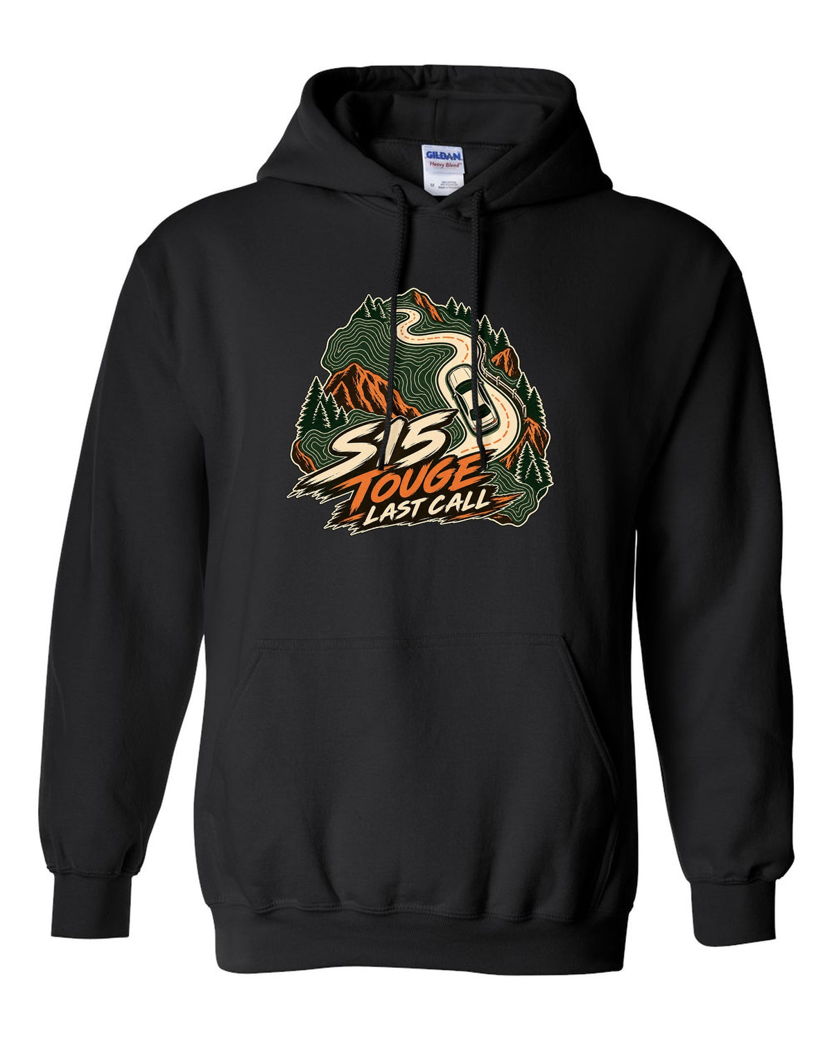 Topographic contour map line art of a mountain road with a Nissan Silvia S15 black pull over hoodie front view with the design