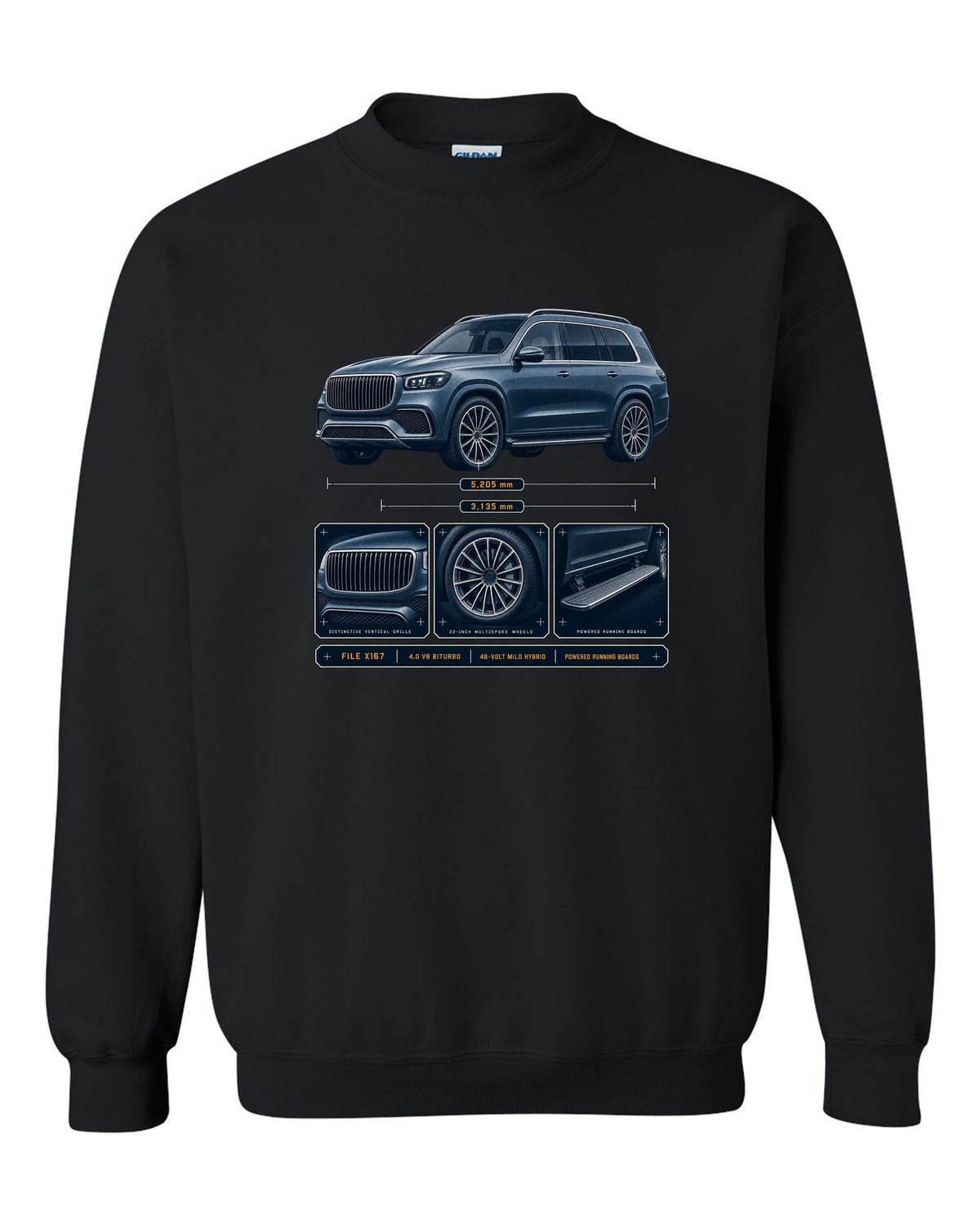 print dossier panels of a Mercedes-Maybach GLS 600 X167 in blue-grey black crewneck front view with the design