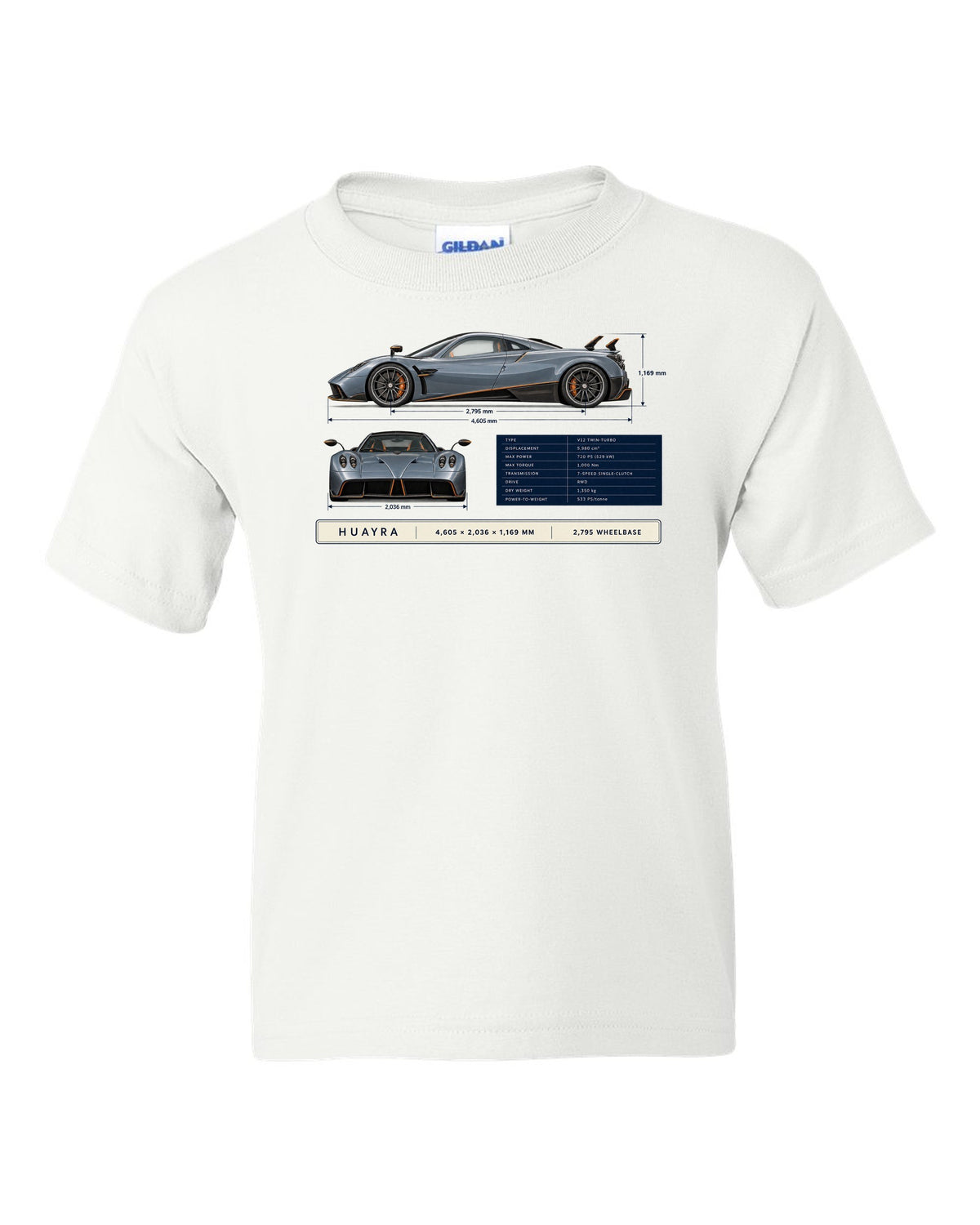 Dimension blueprint print of the Pagani Huayra coupe with 4,605 x 2,036 x 1,169 mm and 2,795 wheelbase white kids tee front view with the design