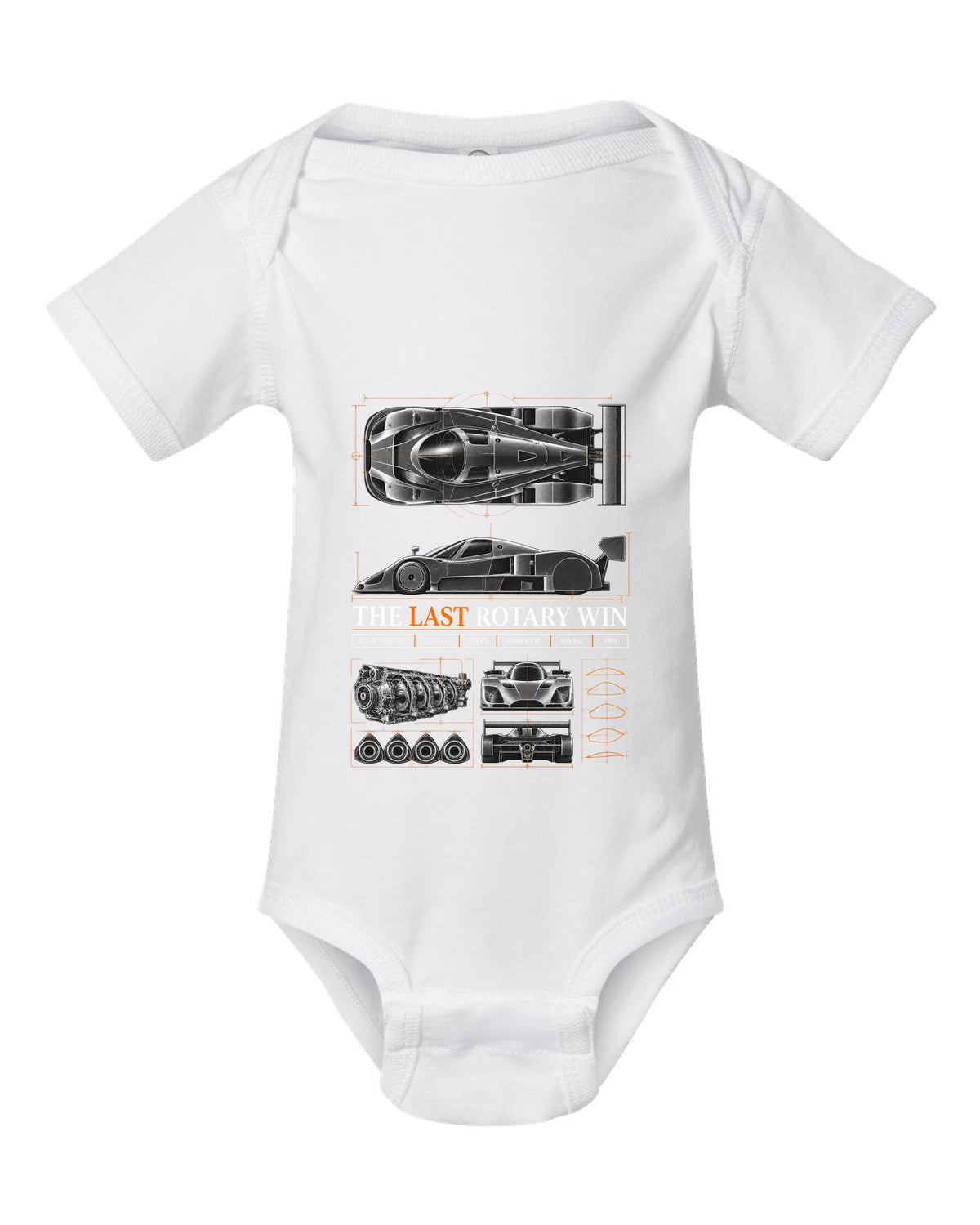 Spec poster print for the 1991 Mazda 787B with R26B four-rotor, 700 PS and 830 kg figures white baby onesie front view with the design