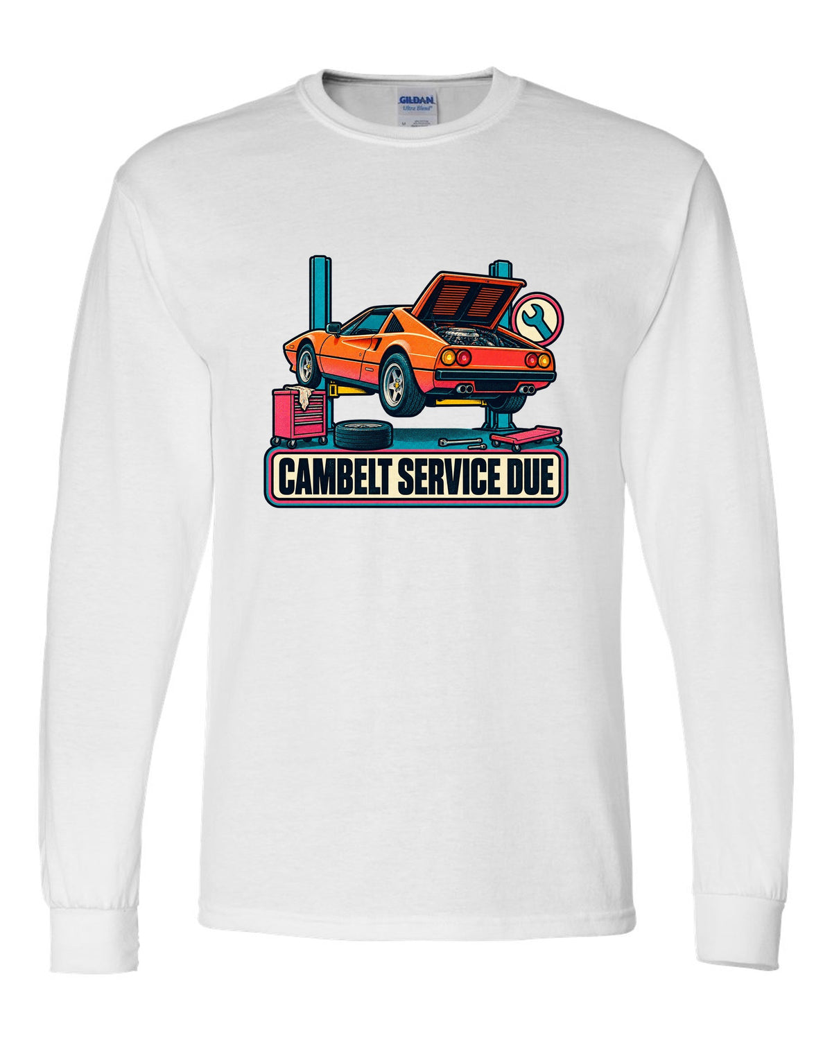 Risograph two-colour halftone print of a Ferrari 308 GTS with the text cambelt service due white long sleeve front view with the design