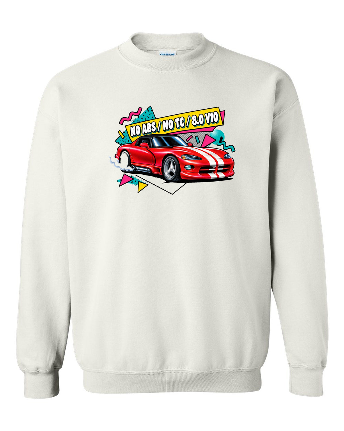 Airbrushed 90s Memphis grid design of a 1994 Dodge Viper RT/10 SR I white crewneck front view with the design