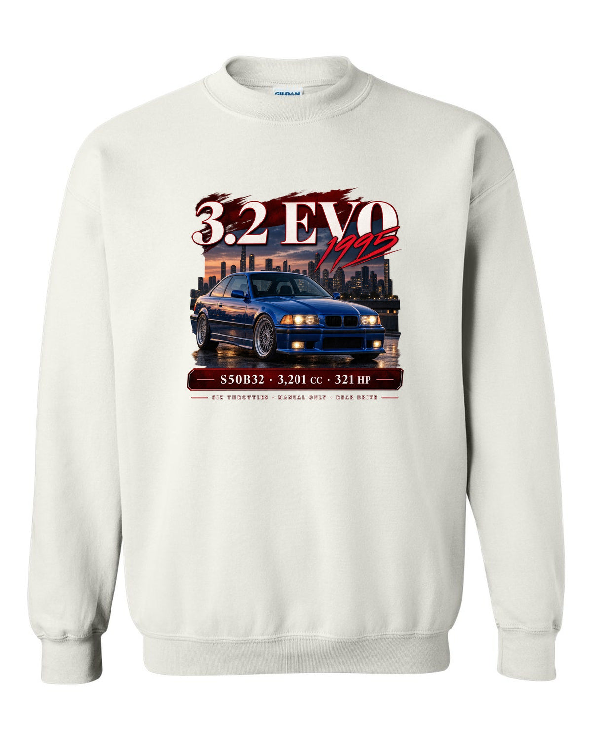 BMW E36 M3 3.2 Evo coupe archive panel print with S50B32 and 321 HP text white crewneck front view with the design