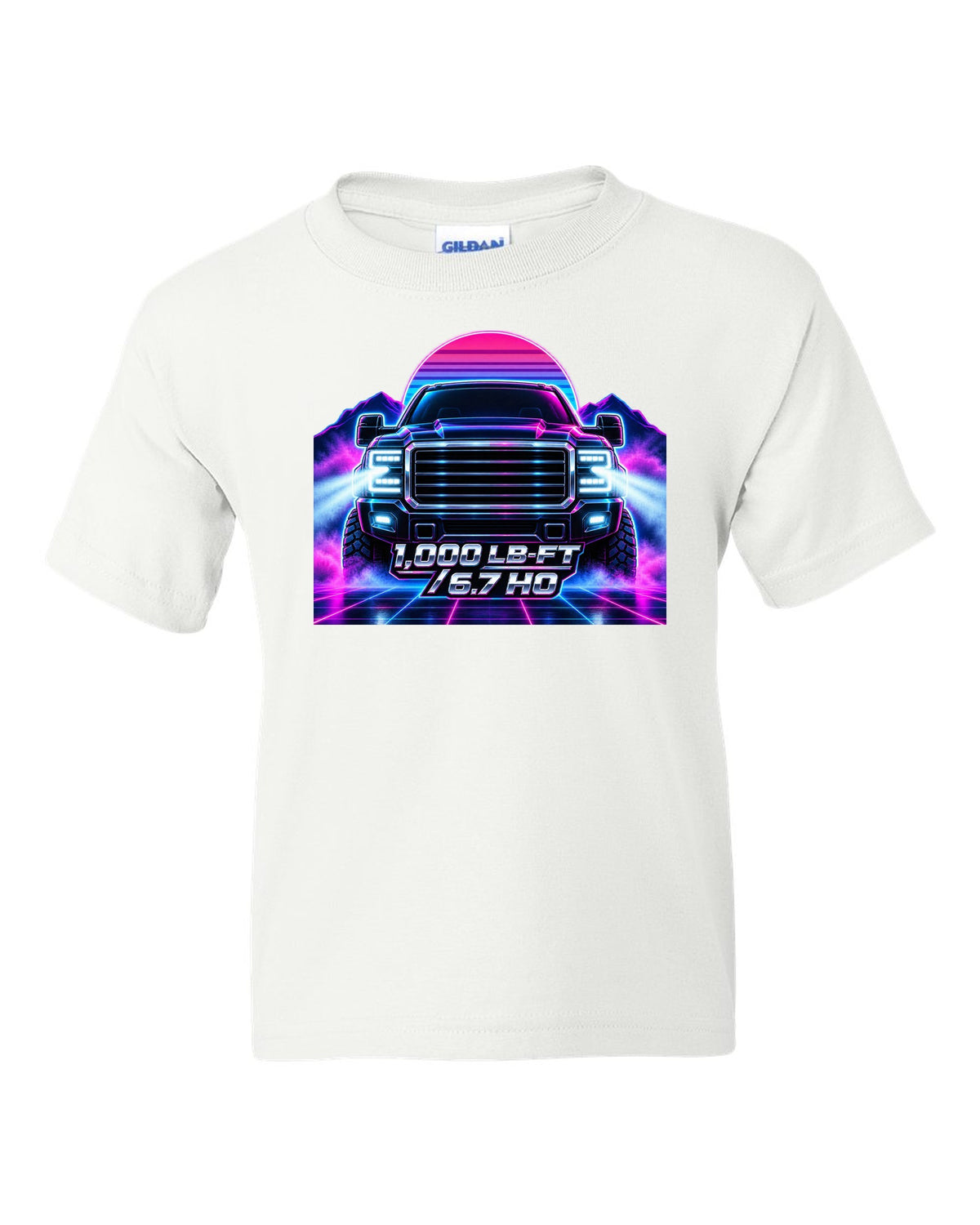 Neon synthwave grid print of a 2019-2024 Ram HD 2500 6.7 Cummins HO white kids tee front view with the design