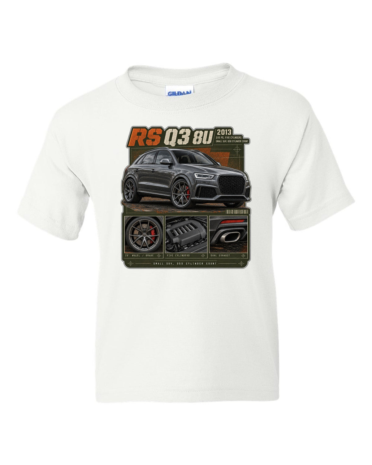 Audi RS Q3 8U dossier panels print with 310 PS five-cylinder text white kids tee front view with the design
