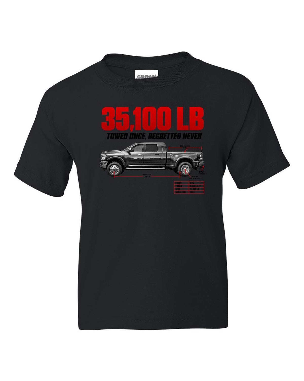 Ram 3500 5th Gen Side Profile Spec Poster Tee, 35,100 Lb black kids tee front view with the design