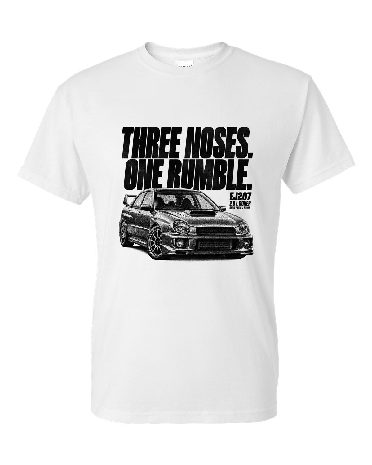 Halftone print of a Subaru Impreza WRX STi GDB with Blob Bug Hawk lettering white t-shirt front view with the design