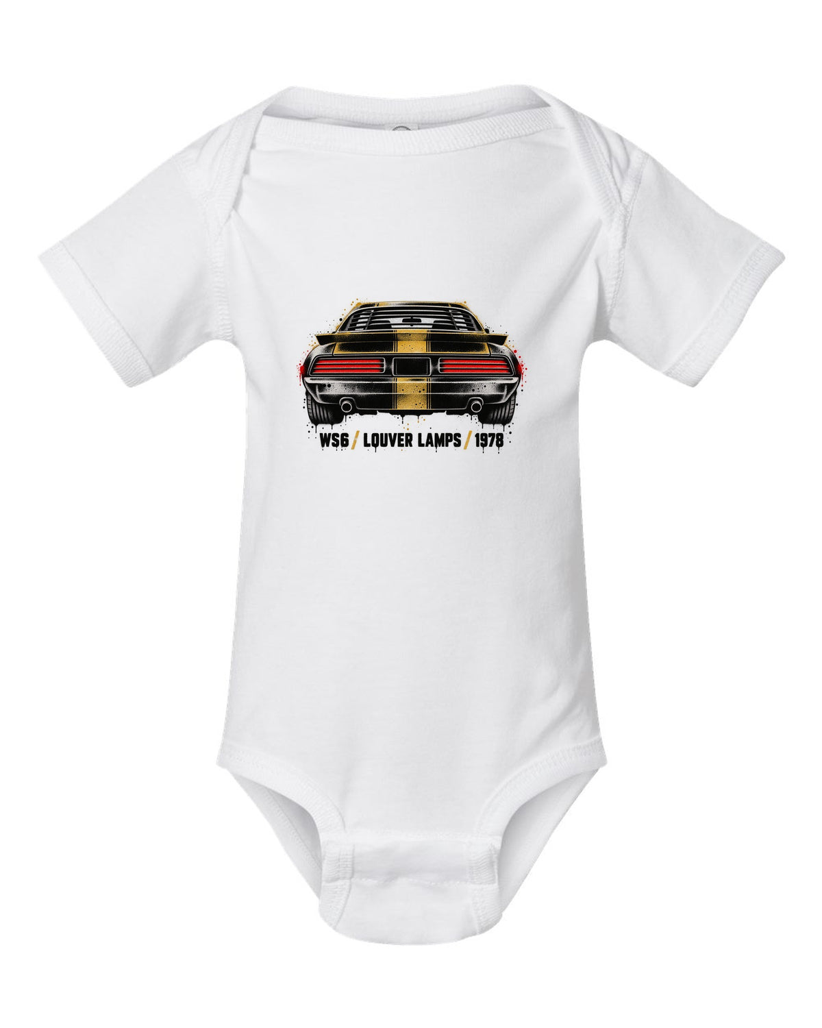 1978 Pontiac Firebird Formula rear taillights cutout in stencil style white baby onesie front view with the design