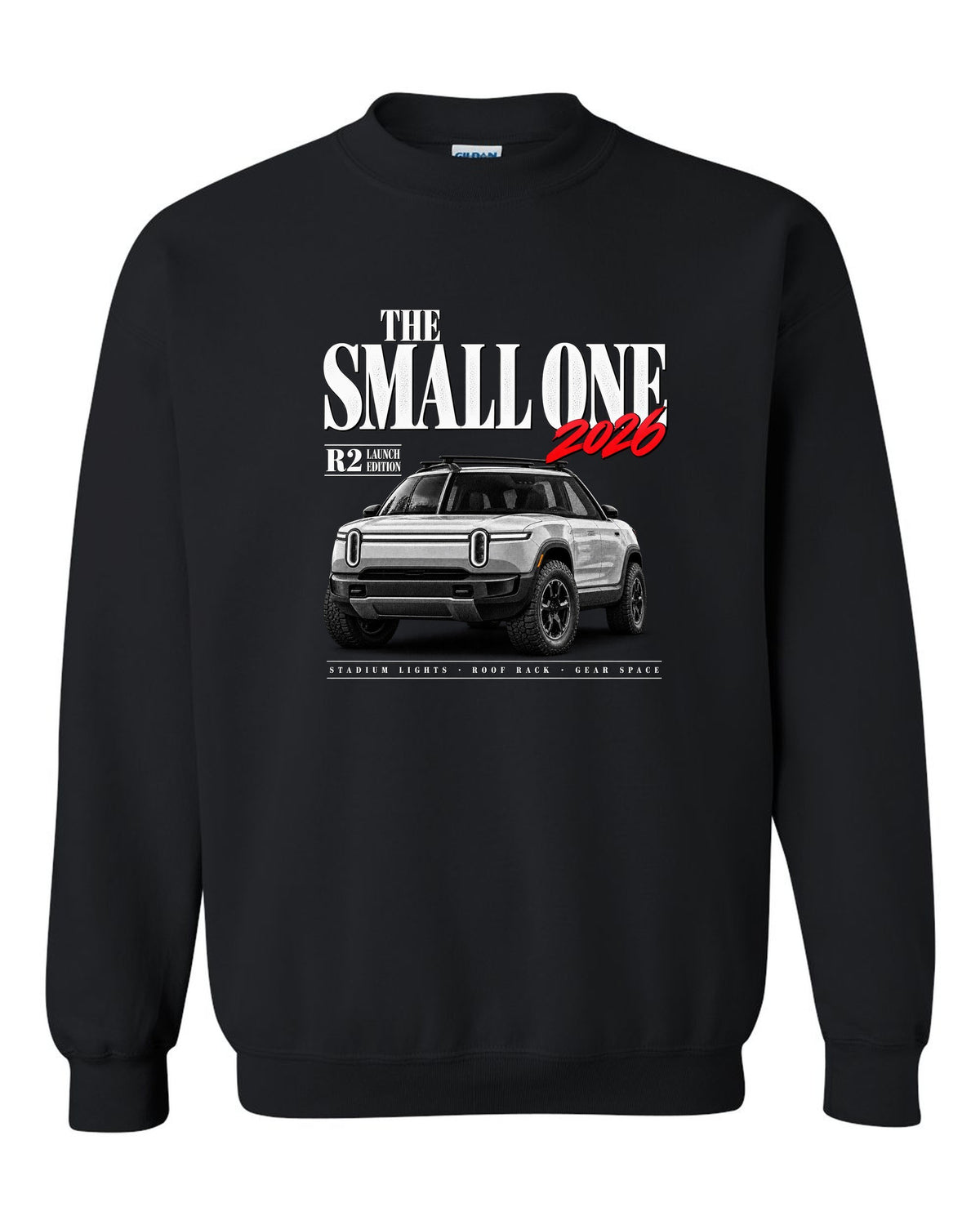 Rivian R2 2026 launch edition editorial headline reading The Small One black crewneck front view with the design