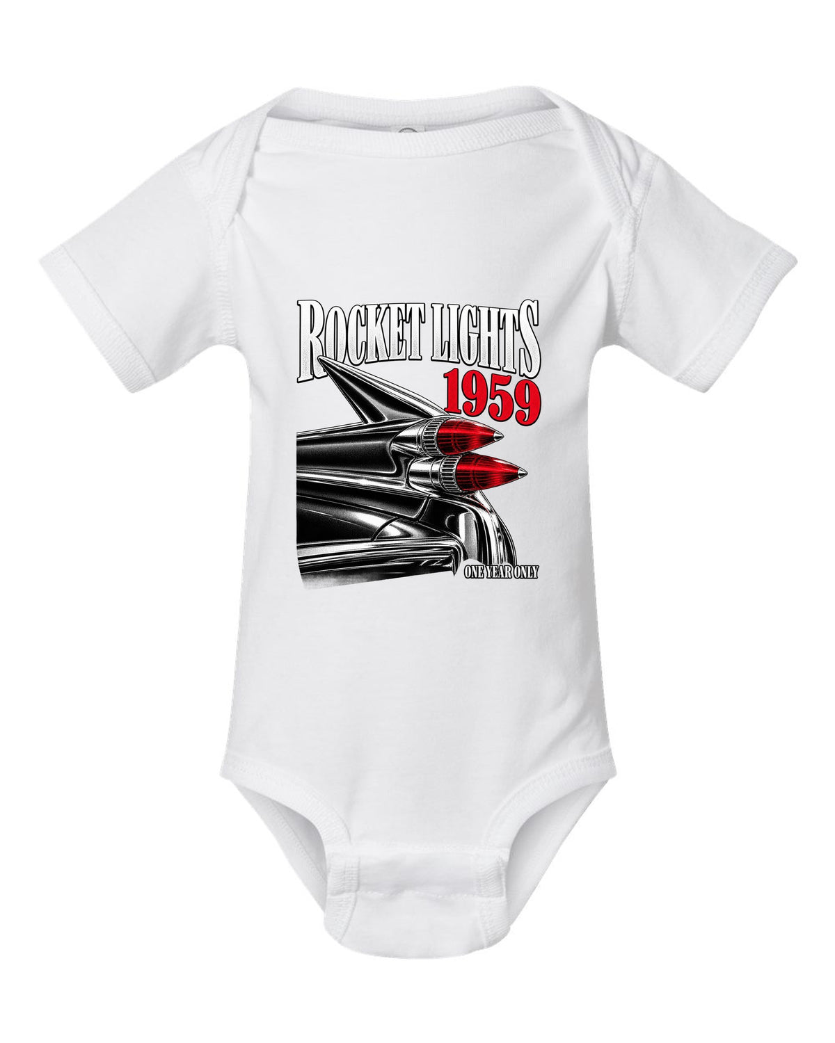 print macro of the rocket taillights on a 1959 Cadillac Series 62 Coupe de Ville white baby onesie front view with the design