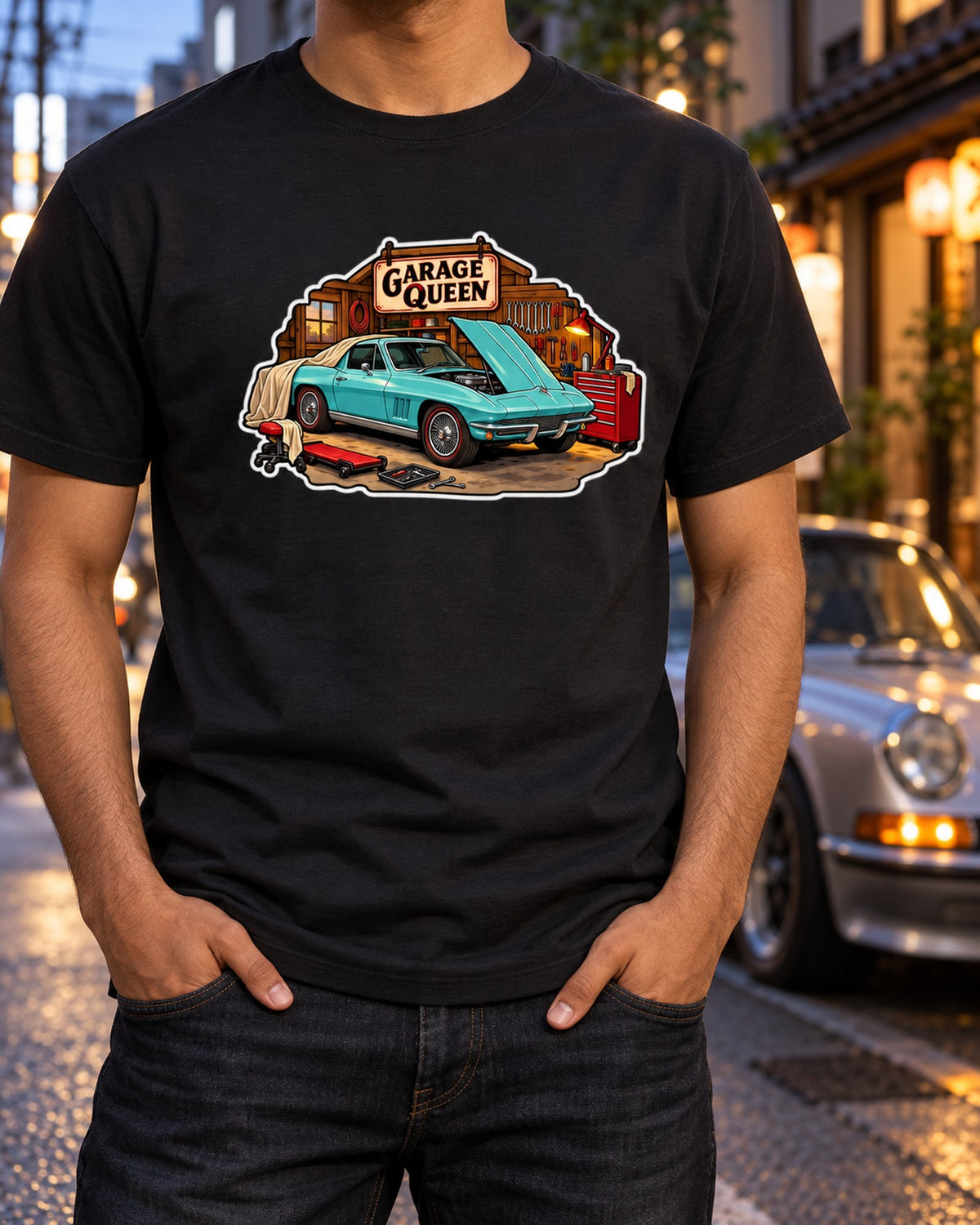 1966 Corvette Sting Ray C2 Garage Queen Sticker Collage Shirt T-Shirt Black worn hero