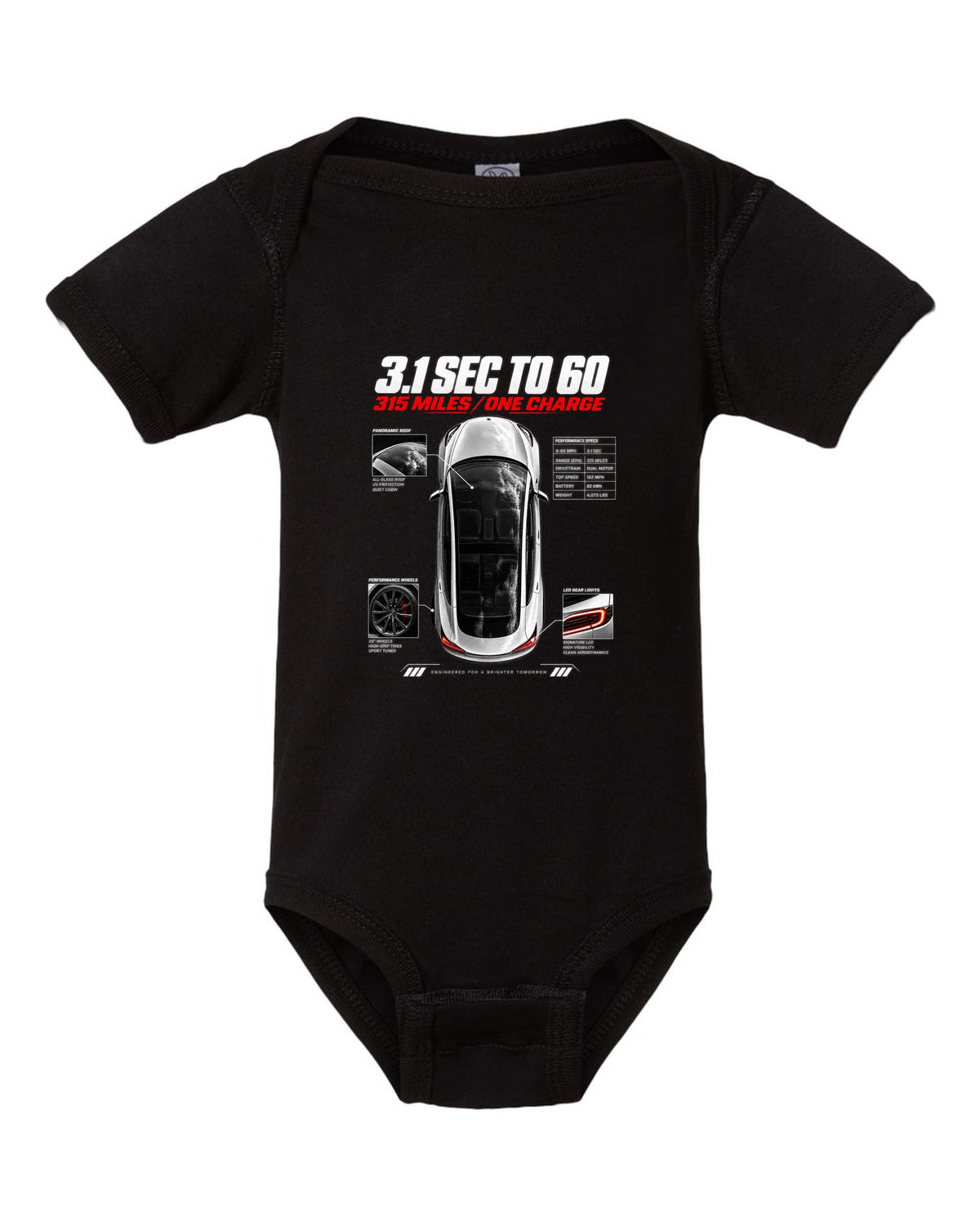 Top-down spec poster print of a Tesla Model 3 Performance with 0-60 and range figures black baby onesie front view with the design