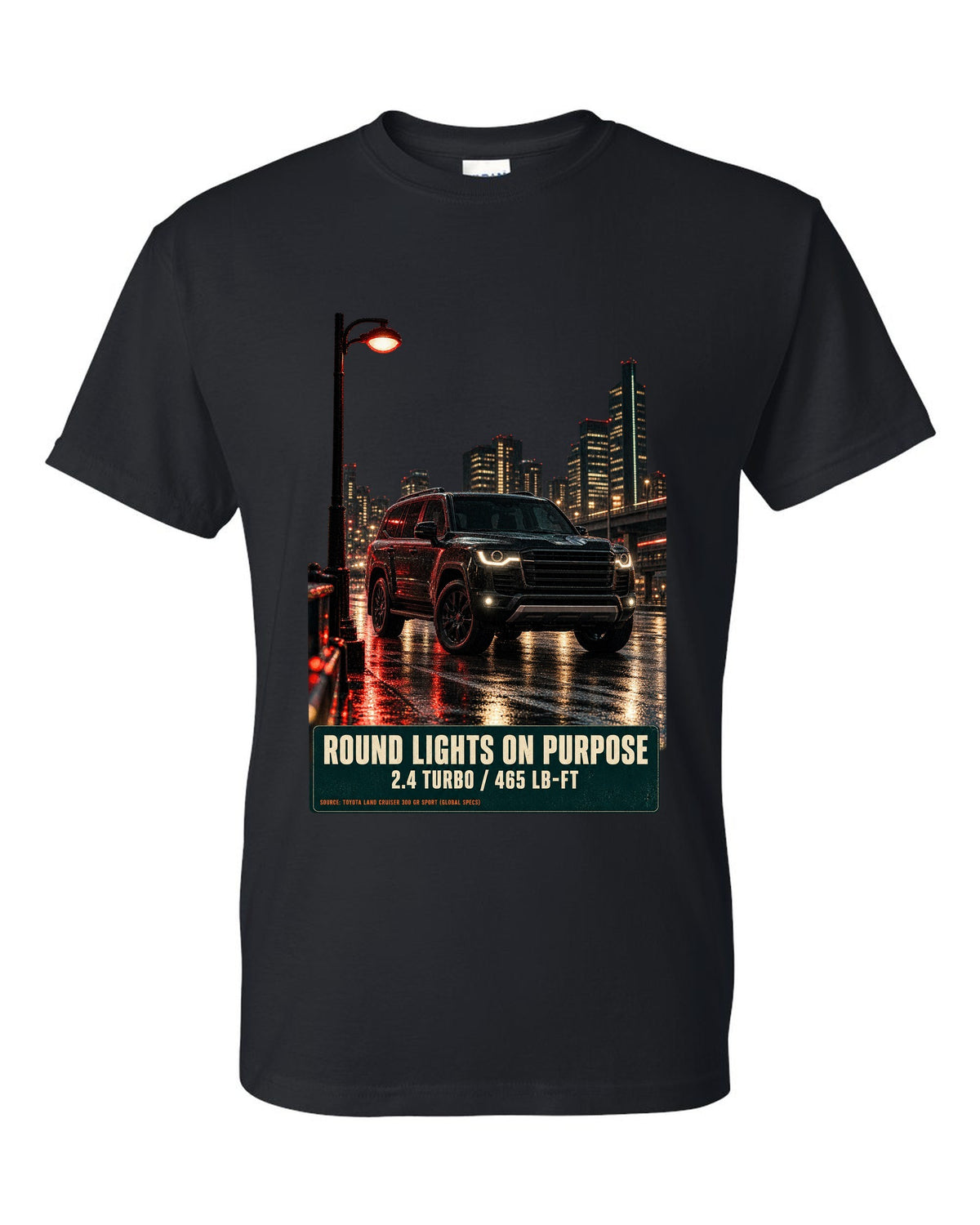 Toyota Land Cruiser 250 First Edition on a mountain pass at night black t-shirt front view with the design