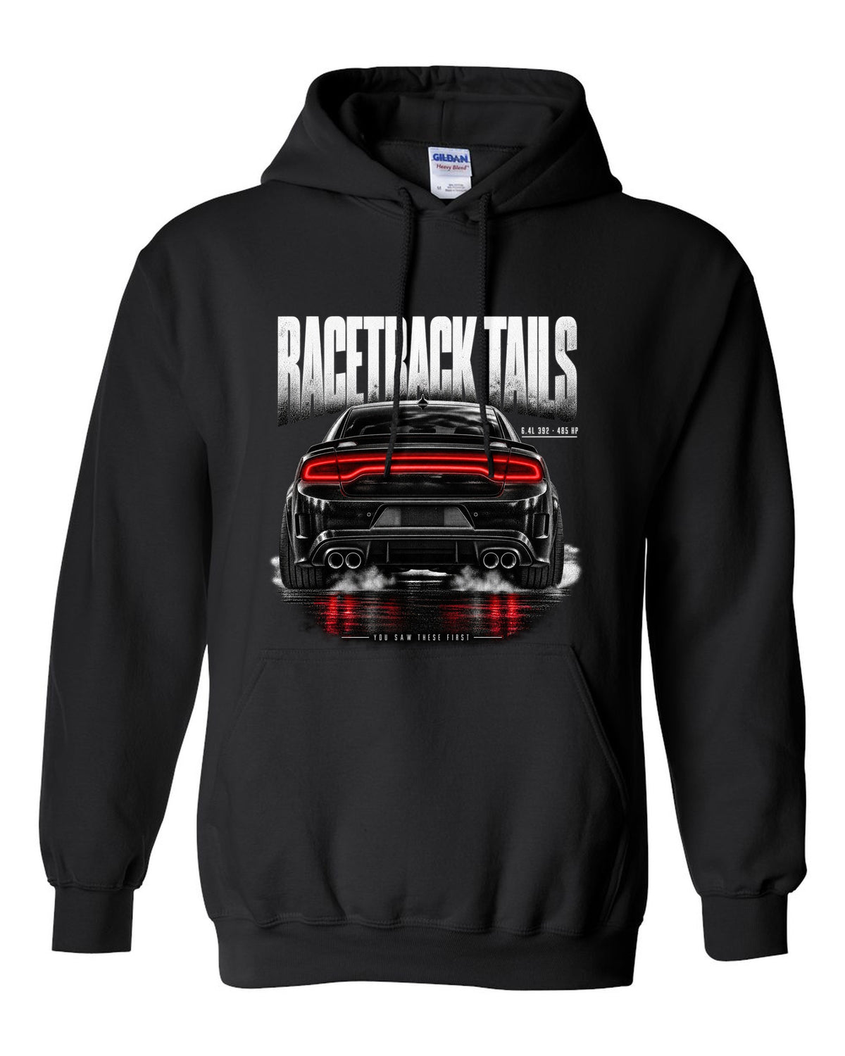 Taillight macro print of a 2016 Dodge Charger Scat Pack LX/LD with 6.4L 392 and 485 HP text black pull over hoodie front view with the design