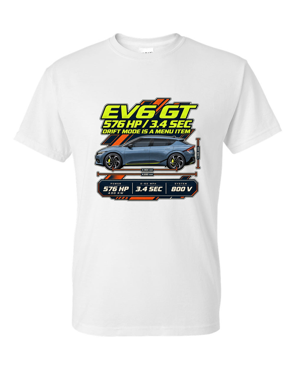Kia EV6 GT spec poster print on a shirt white t-shirt front view with the design