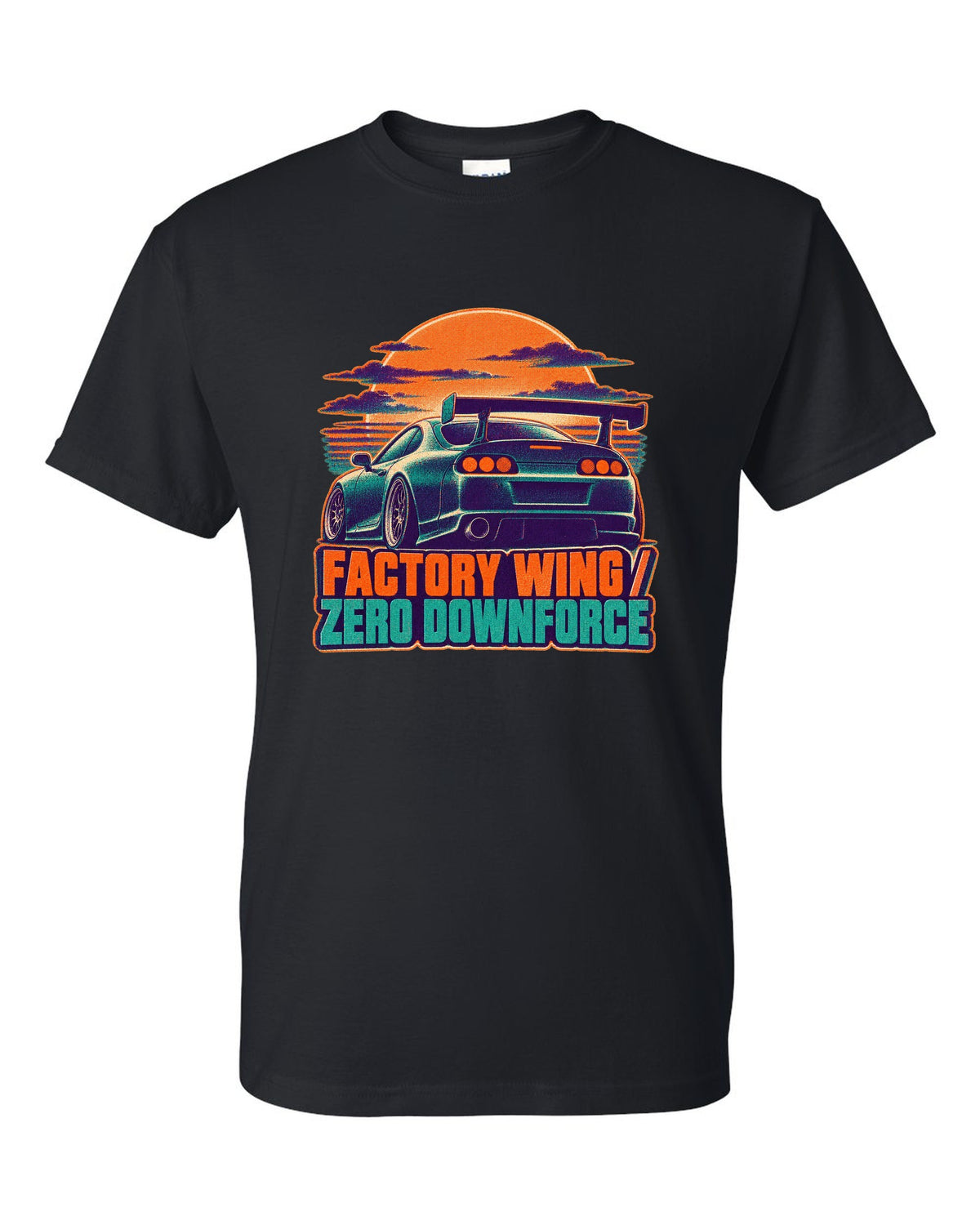 Risograph two-colour dusk print of a Toyota Supra A80 JZA80 with factory wing zero downforce text black t-shirt front view with the design