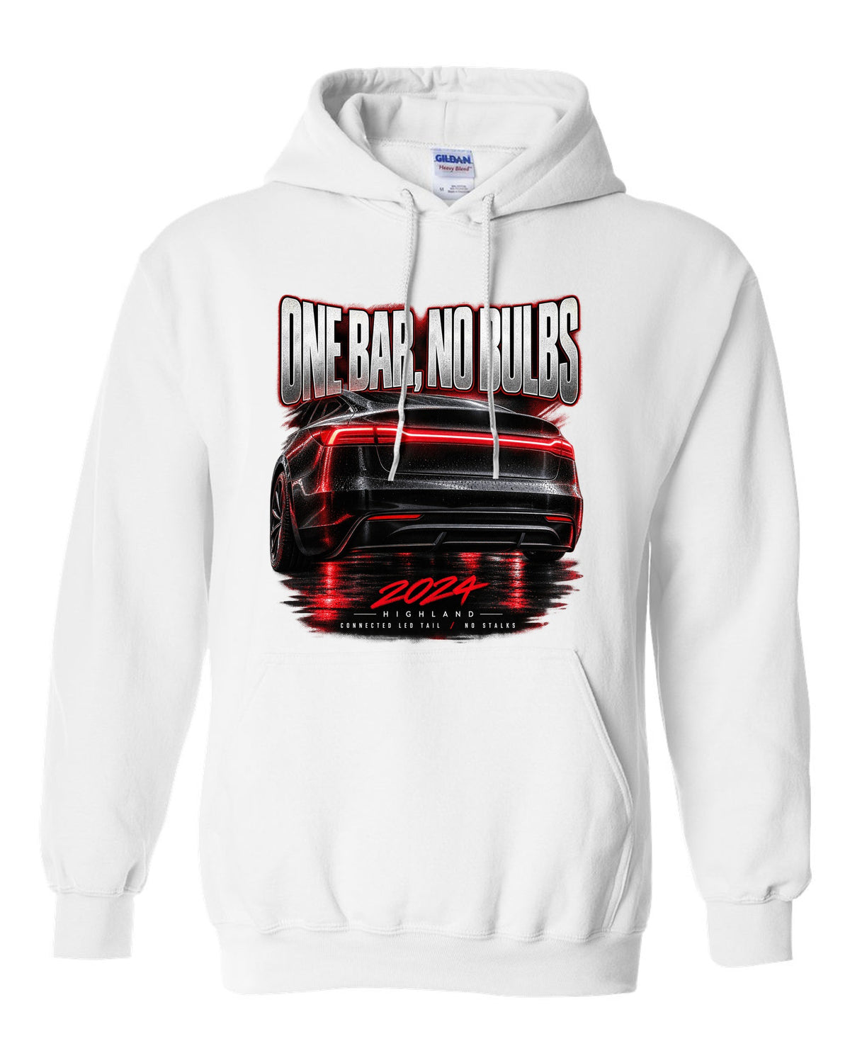 Taillight macro print of a 2024 Tesla Model 3 Highland connected LED tail white pull over hoodie front view with the design