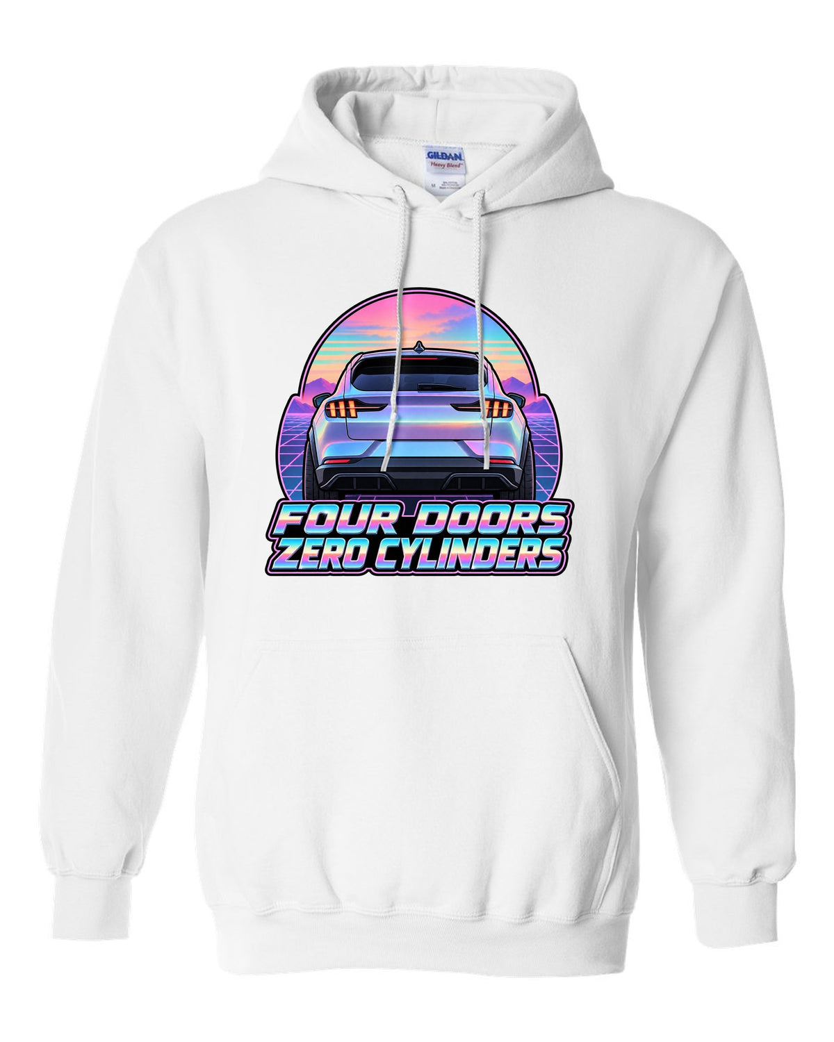 Vaporwave pastel print of a 2021 Ford Mustang Mach-E rear at dusk white pull over hoodie front view with the design