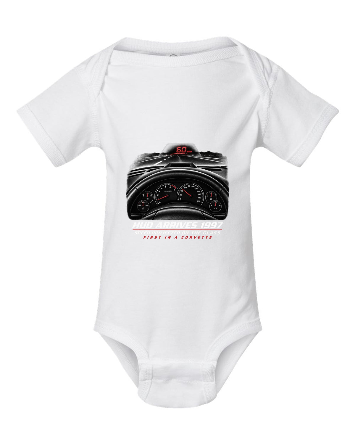 Corvette C5 heads-up display and gauge cluster print white baby onesie front view with the design