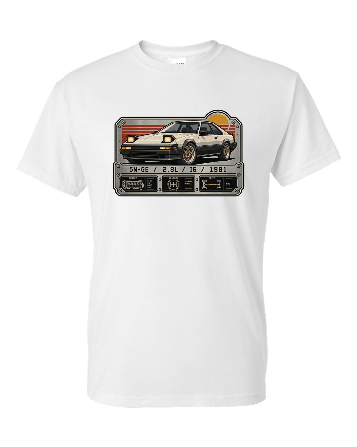 Spec-sheet data plate for the Toyota Supra A60 MA61 5M-GE 2.8L inline six white t-shirt front view with the design
