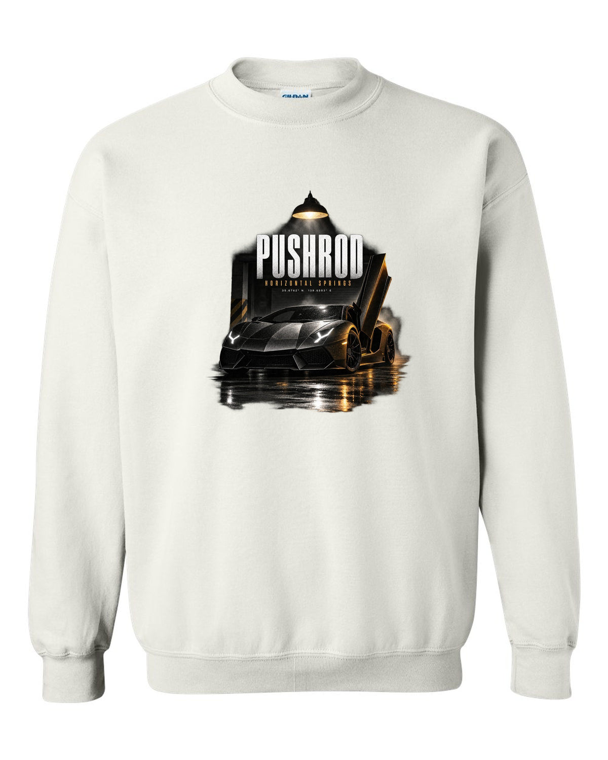 Garage night print of a Lamborghini Aventador S LP740-4 with Pushrod and Horizontal Springs text white crewneck front view with the design
