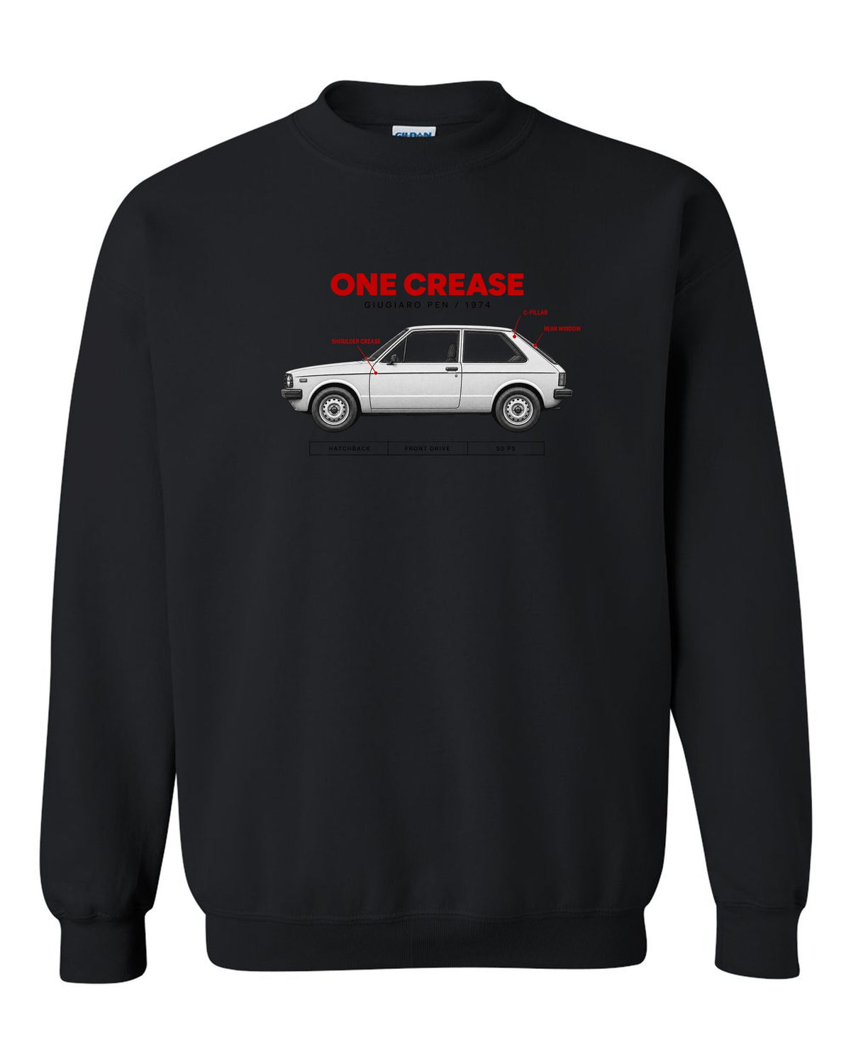 VW Golf Mk1 1974 Giugiaro Spec Poster print black crewneck front view with the design