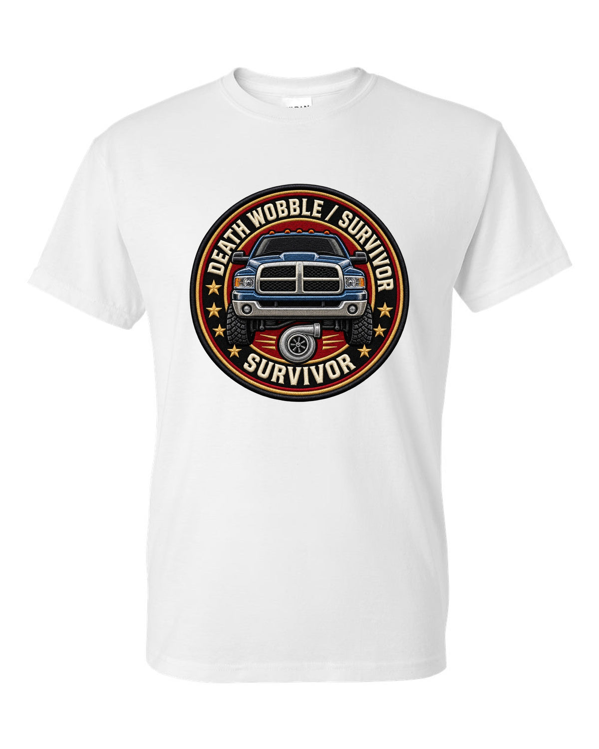 Round varsity crest print for the 2003-2009 Dodge Ram 2500 Cummins reading death wobble survivor white t-shirt front view with the design