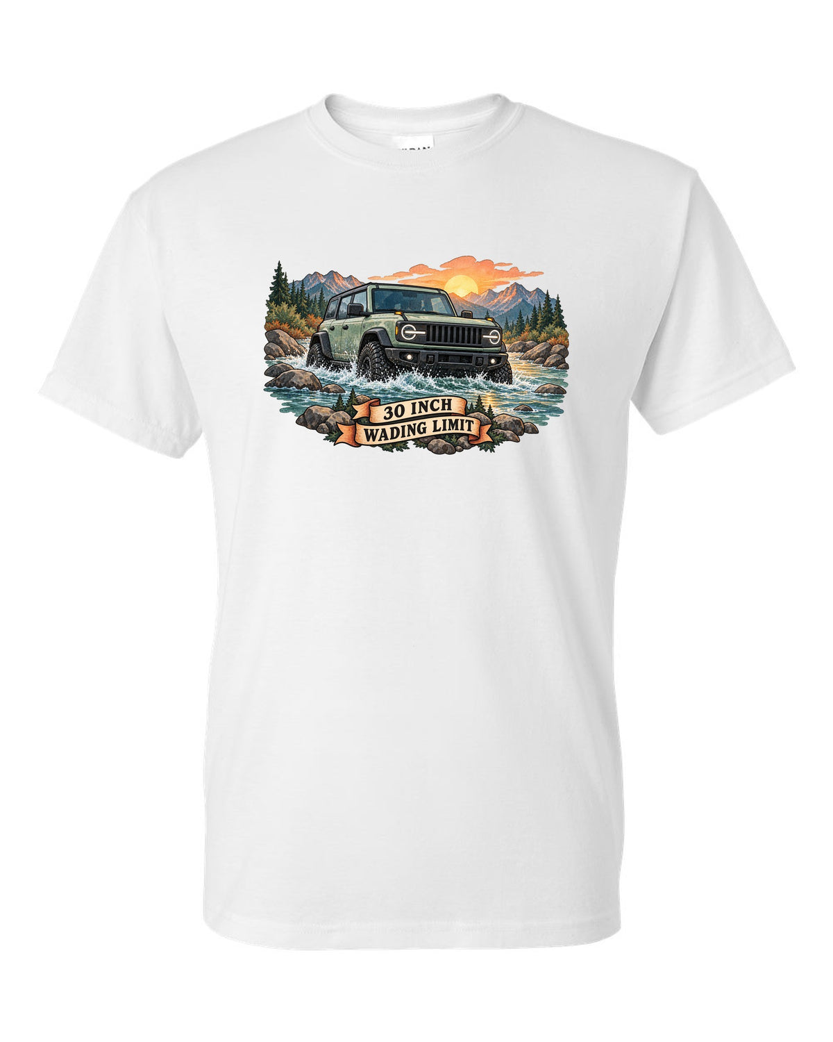Jeep Wrangler JLU watercolour river crossing at sunrise with 30 inch wading limit text white t-shirt front view with the design