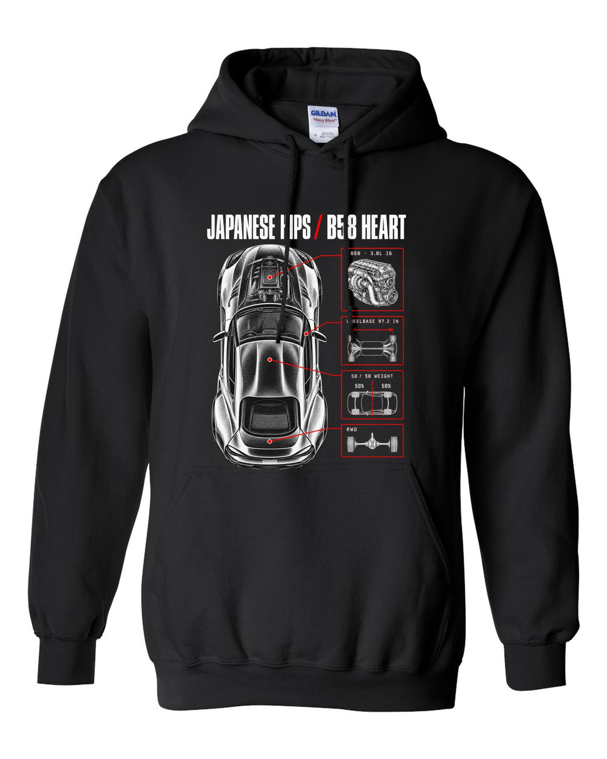 Spec poster print of a Toyota GR Supra A90 with the text Japanese Hips B58 Heart black pull over hoodie front view with the design